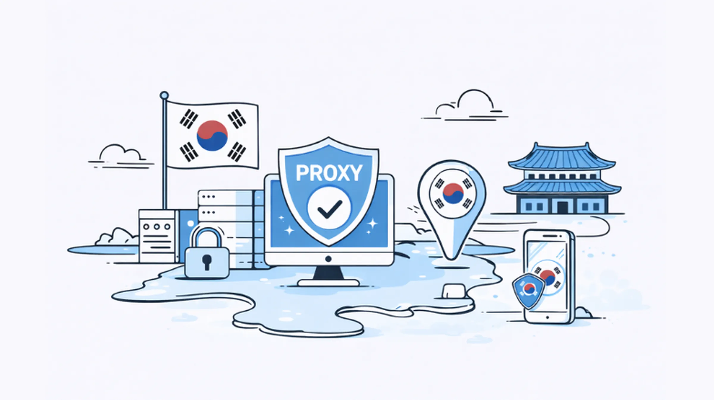Minimalist illustration with South Korean symbols and a proxy server shield, showing secure access to Korean websites using a Korean proxy.