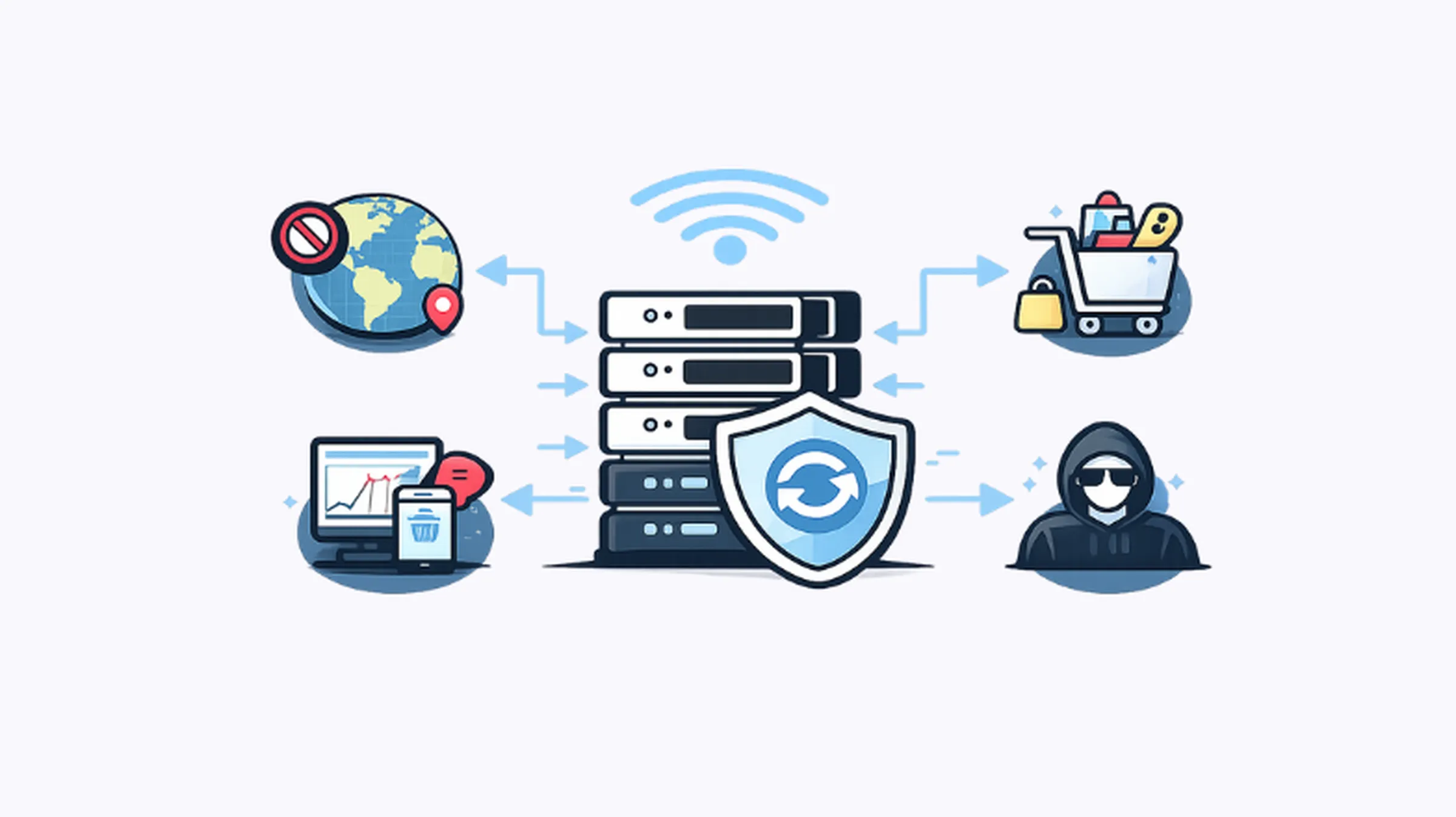 Vector illustration showing proxy servers and their real-world uses, including geo-unblocking, web scraping, price comparison, and online privacy protection.