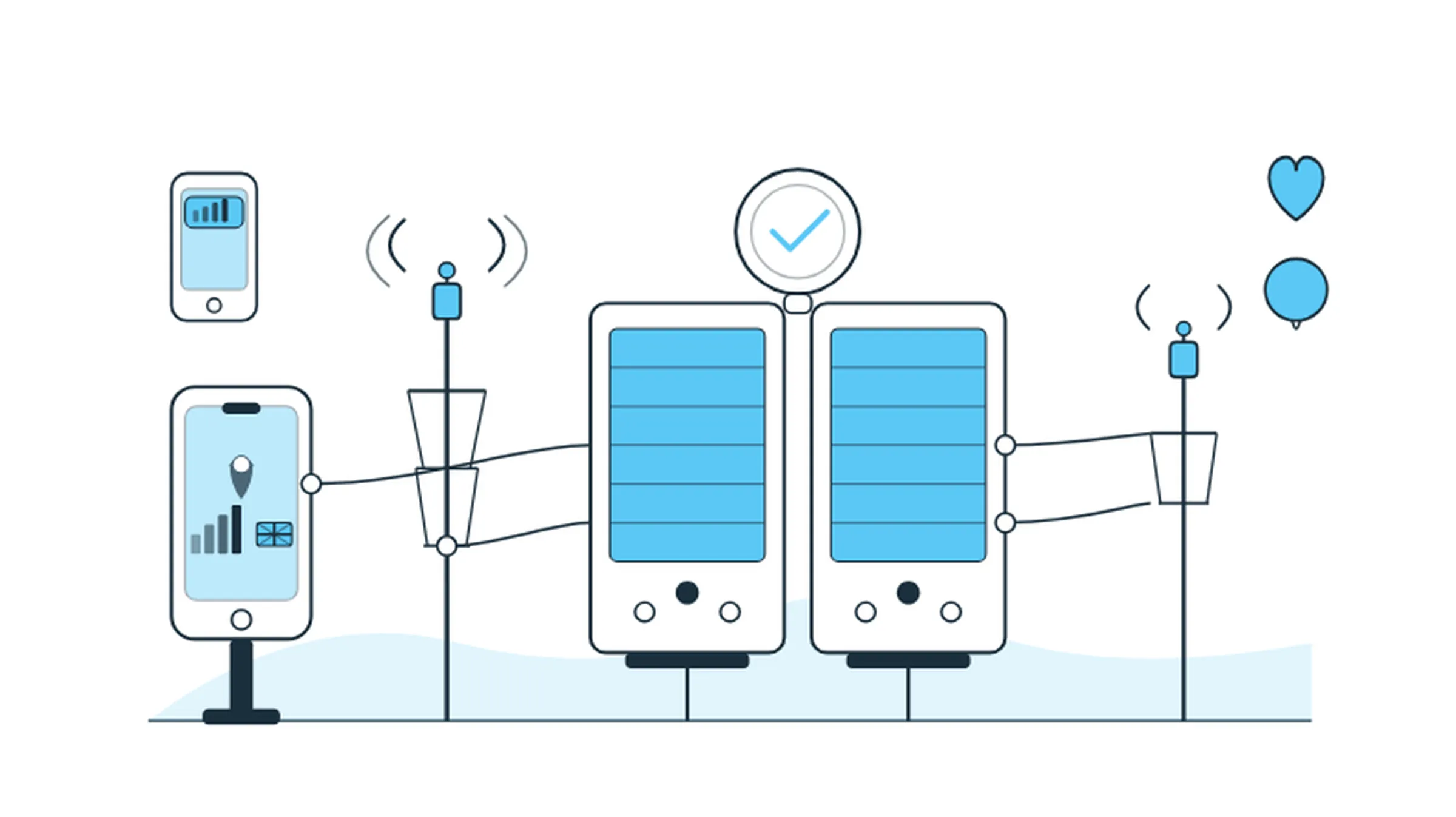 UK mobile proxy illustration showing smartphones connected to real British 4G and 5G cell towers routing traffic through secure proxy servers to provide genuine UK mobile IP addresses