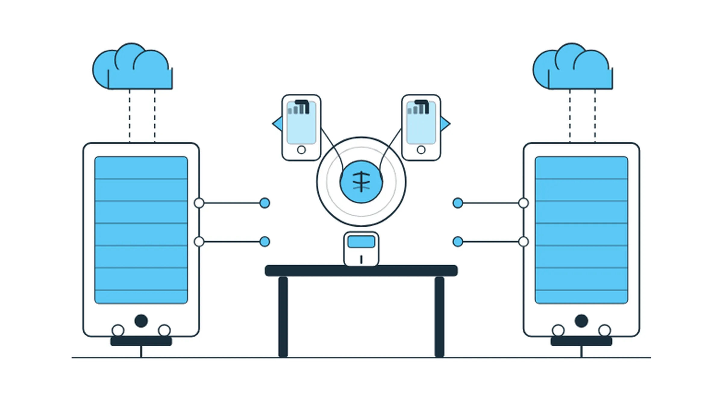 Cheap mobile proxy infrastructure illustration showing two server racks connected via cloud to a central cost badge with mobile devices, representing affordable proxy options for beginners