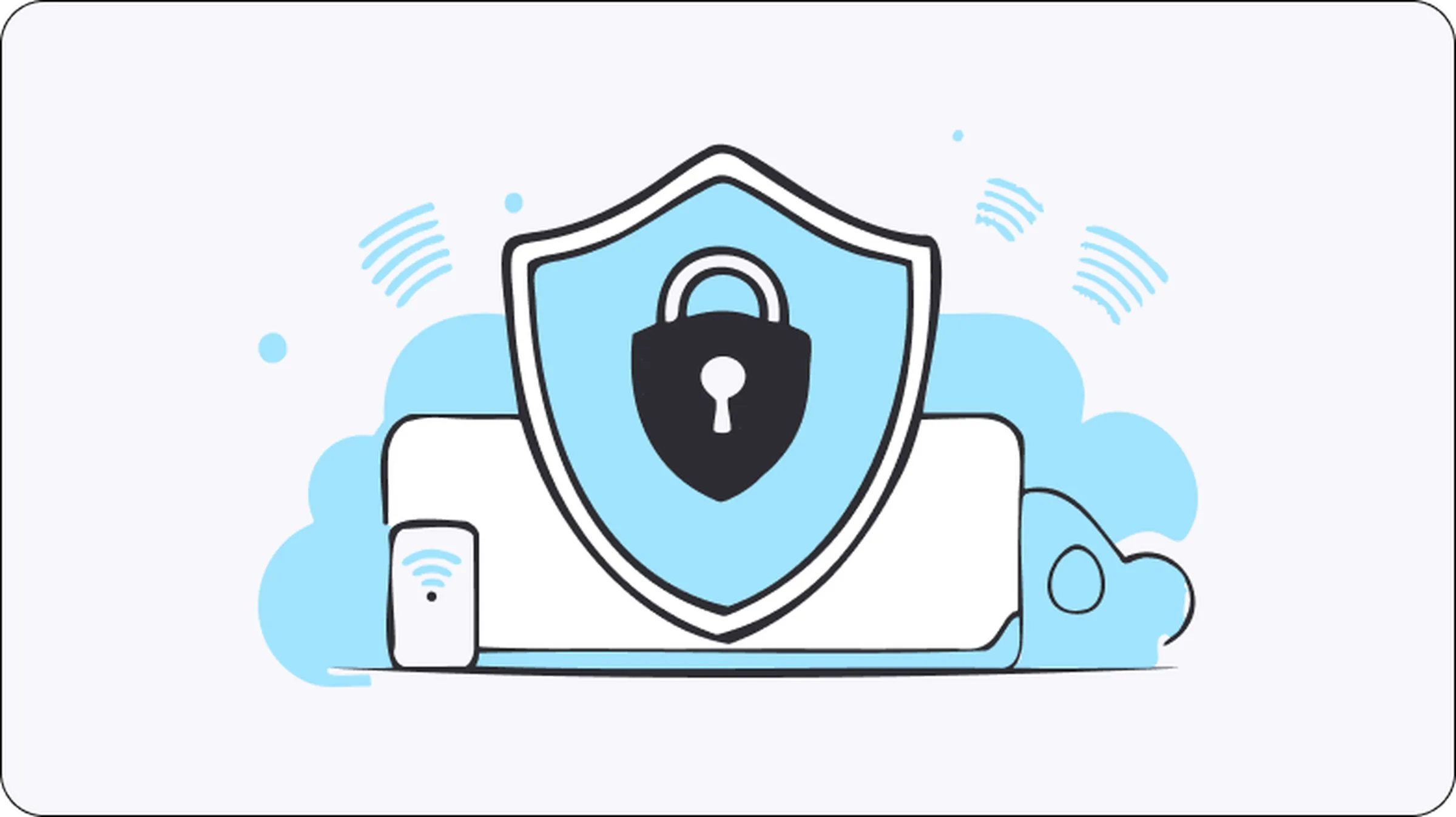Illustration of a secure shield over a laptop and smartphone with Wi-Fi signals, representing the privacy, speed, and reliability of residential proxies for secure internet access.