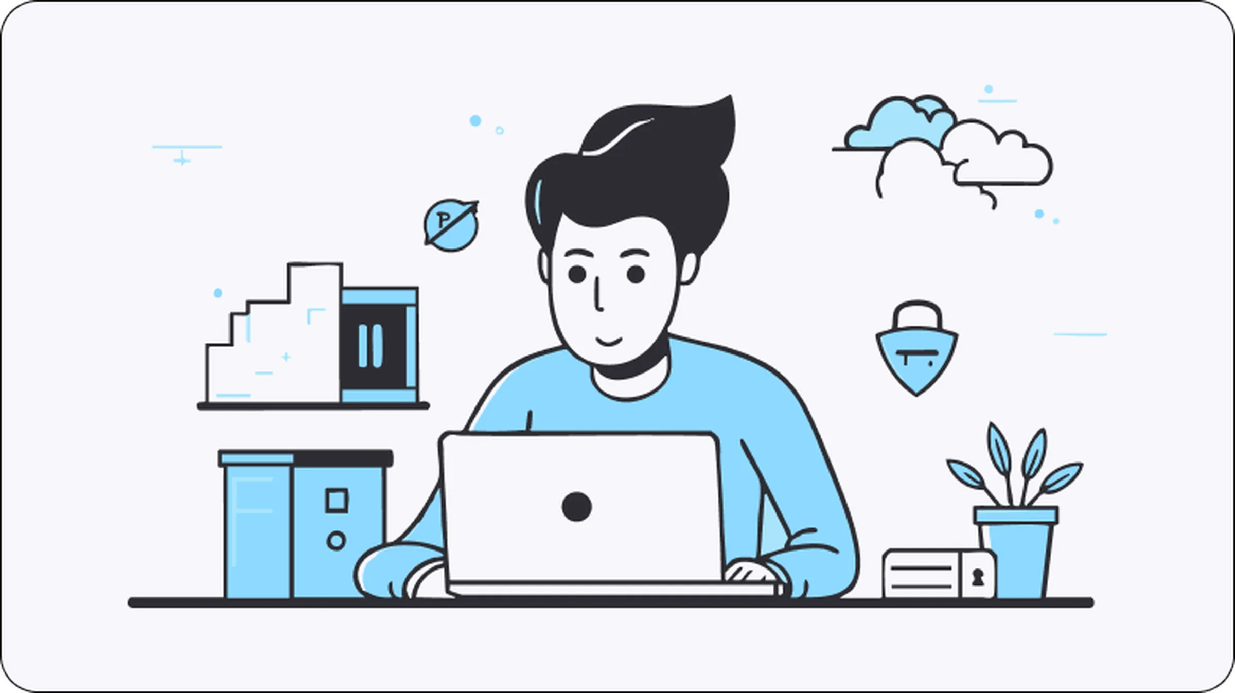 Illustration of a person using a laptop connected to cloud servers and a data center, representing proxy server setup, secure online activity, and digital privacy management.