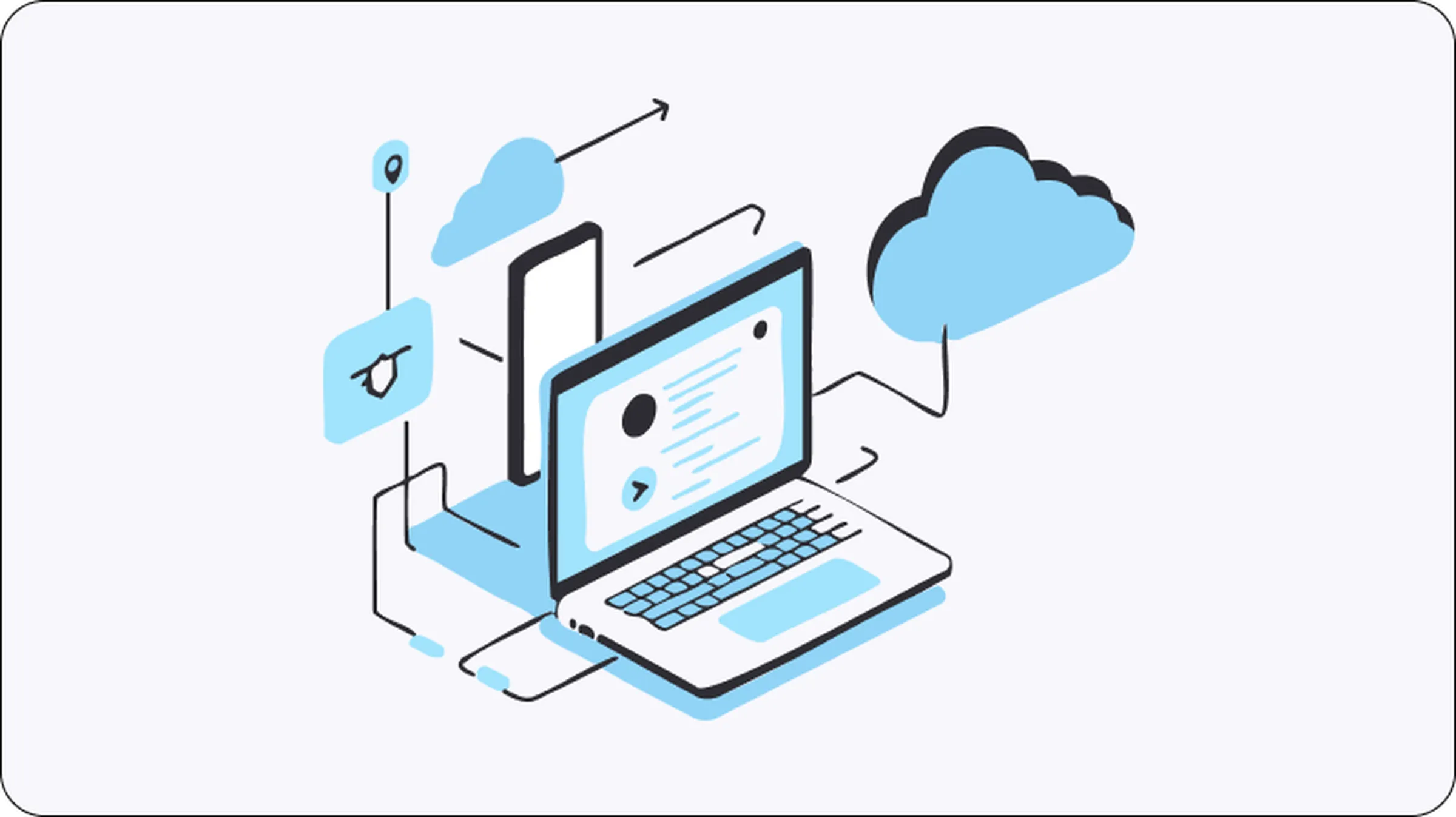 Illustration of a laptop connected to cloud services with message and eye icons, representing secure communication and privacy best practices when using an email proxy