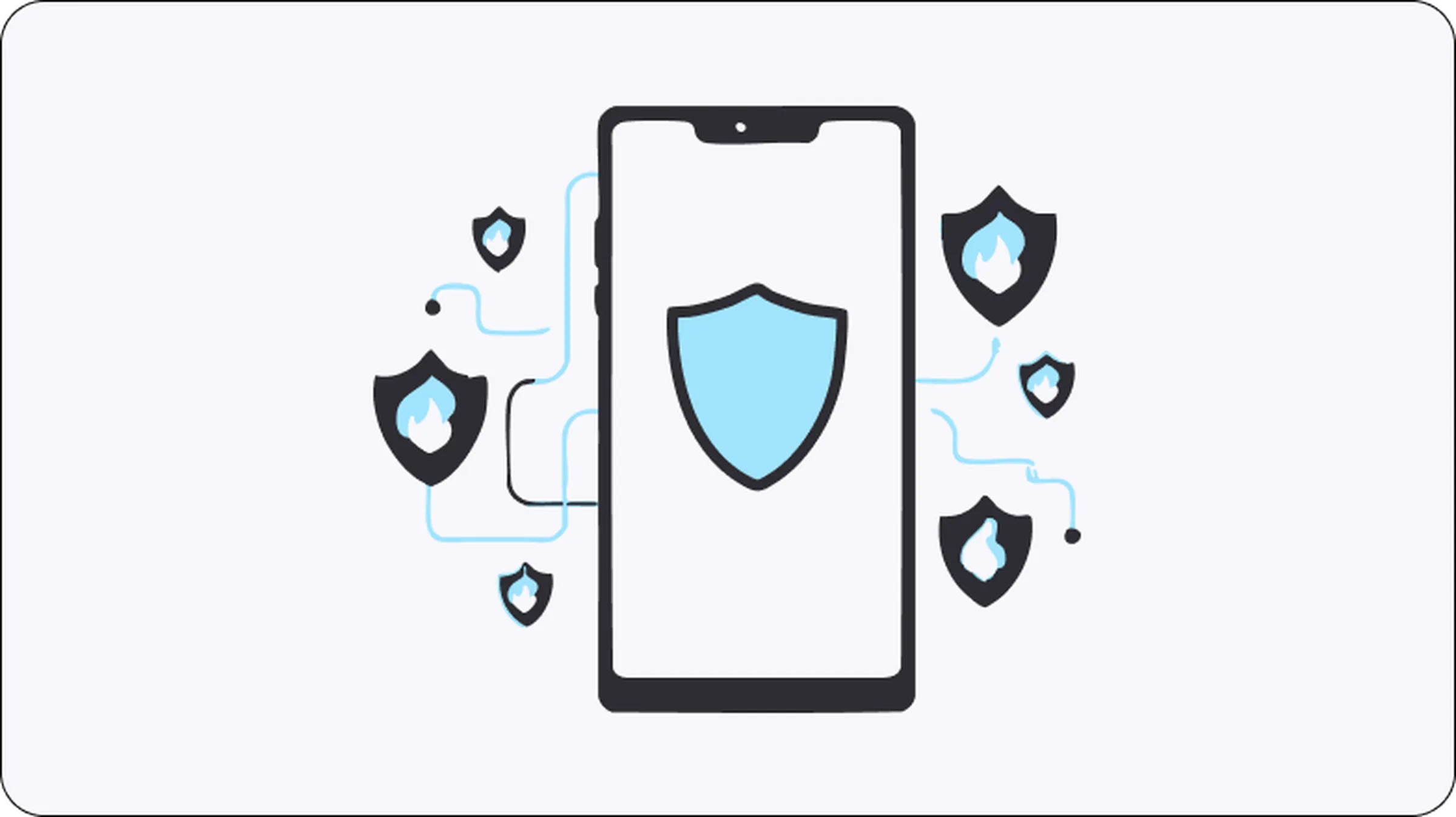 Illustration of a smartphone with a central shield icon surrounded by security emblems, symbolizing the role of proxies in protecting brand identity, digital assets, and online reputation.