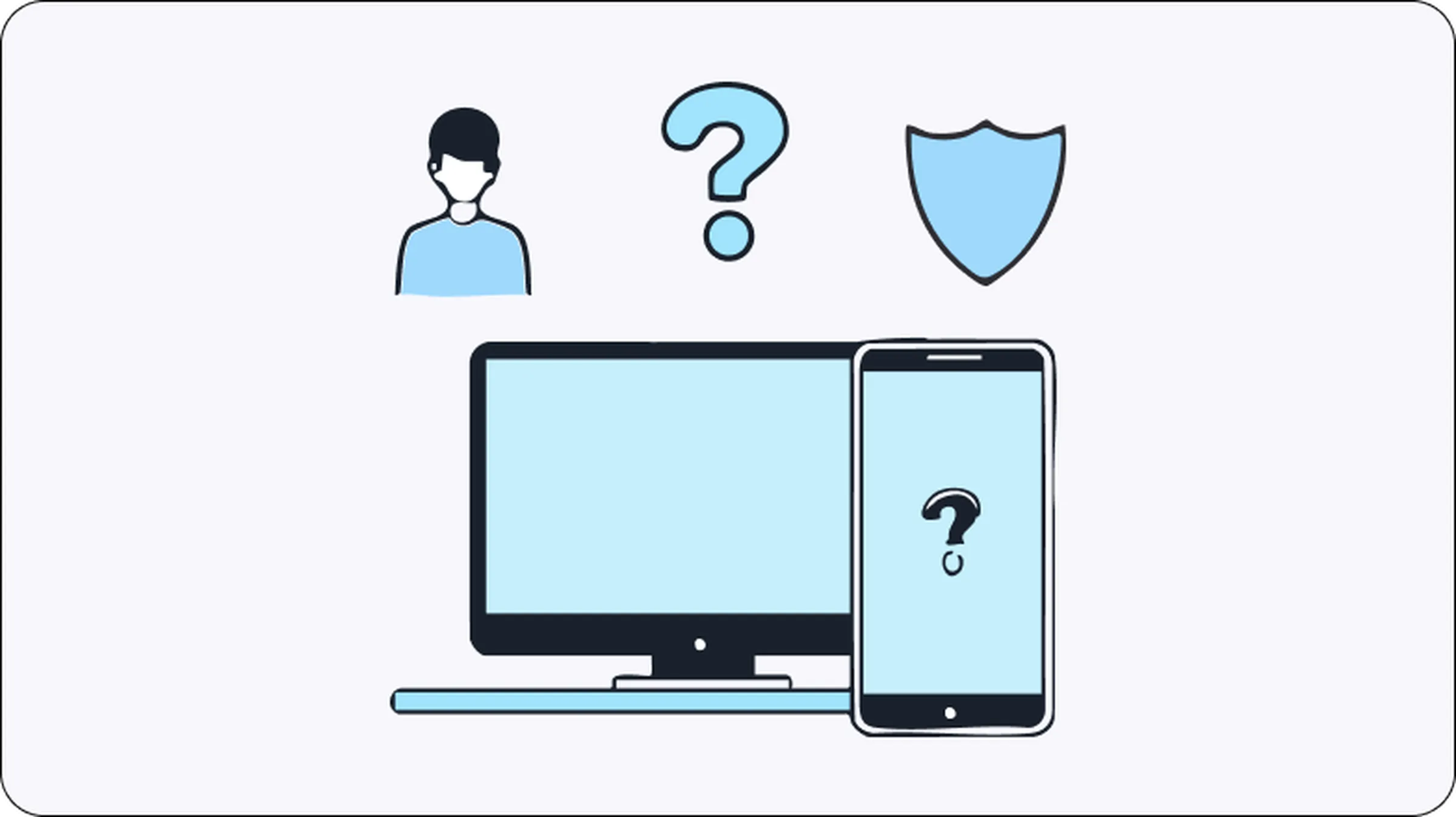 Illustration of a desktop computer and smartphone with question marks and security icons, representing the concept and benefits of using a proxy server for anonymous and secure web browsing.