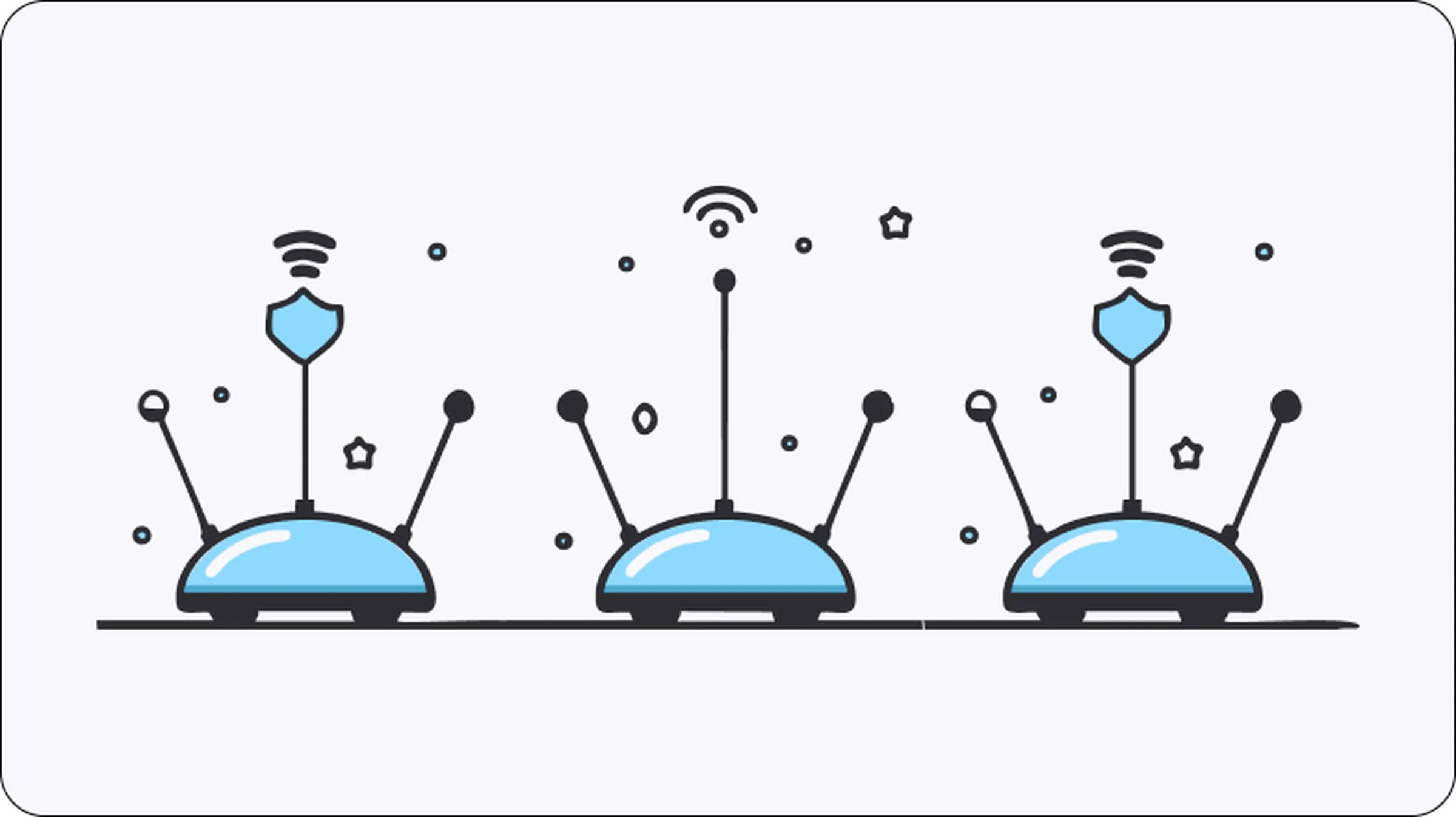 Illustration of three WiFi routers with antennas and shield icons, representing the setup and optimization of a WiFi proxy server for secure and efficient network management.