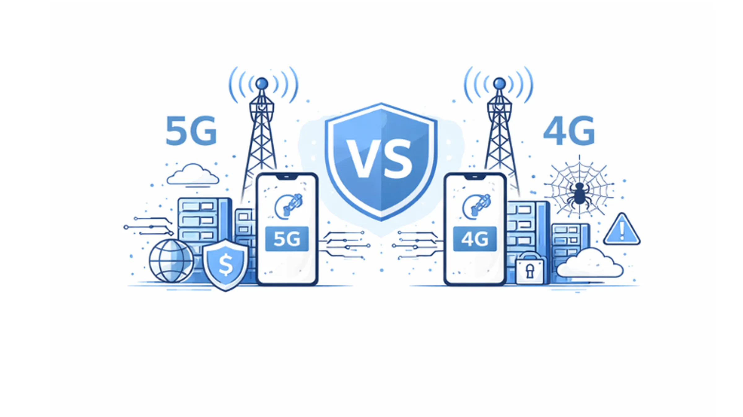 5G vs 4G mobile proxy comparison illustration with cell towers, smartphones, server infrastructure, and central shield icon in soft blue flat style.