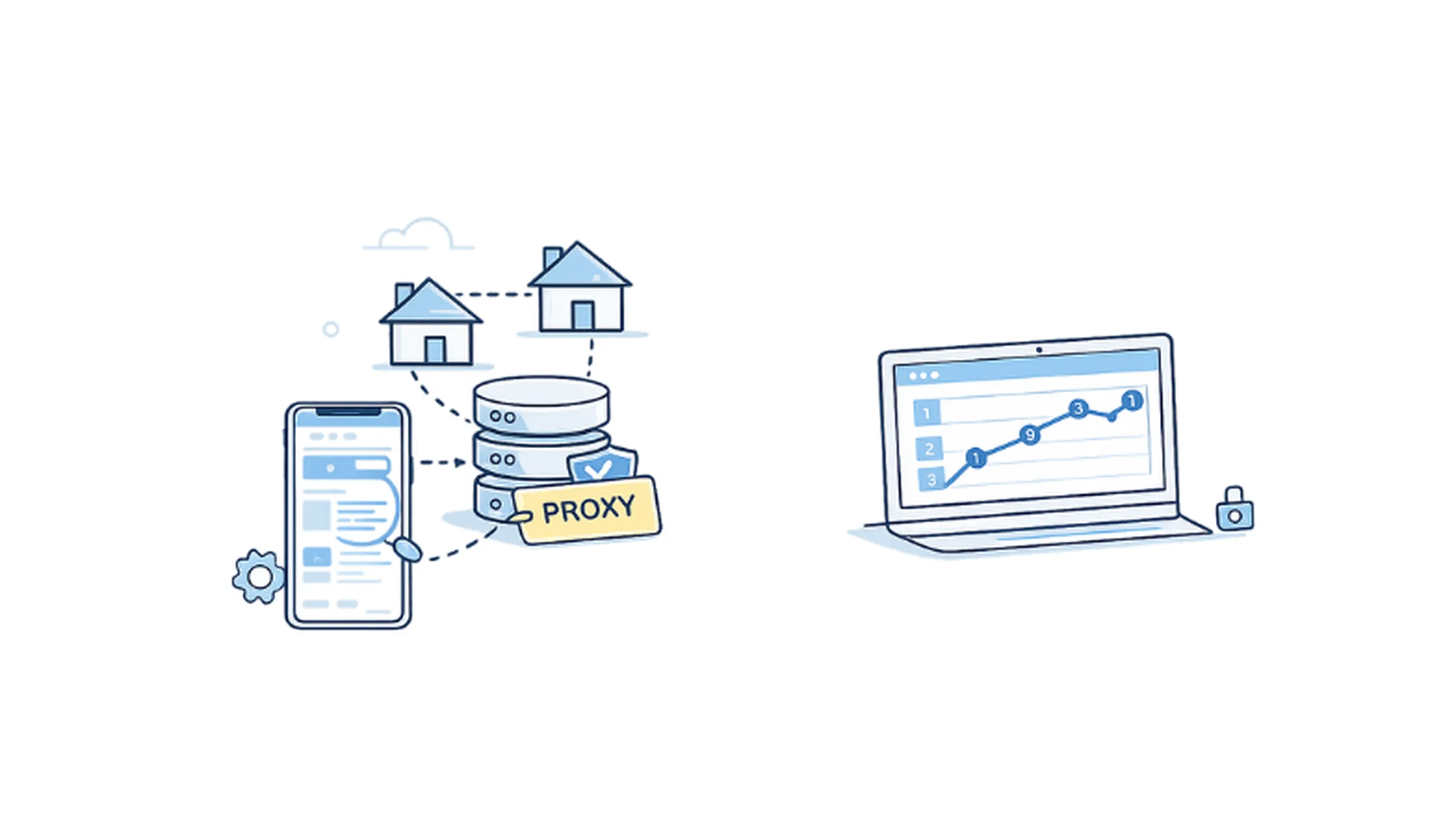 Residential proxies used for SEO rank tracking, showing real home IPs routing search queries through proxy servers to improve keyword accuracy, avoid blocks, and monitor search engine results securely.