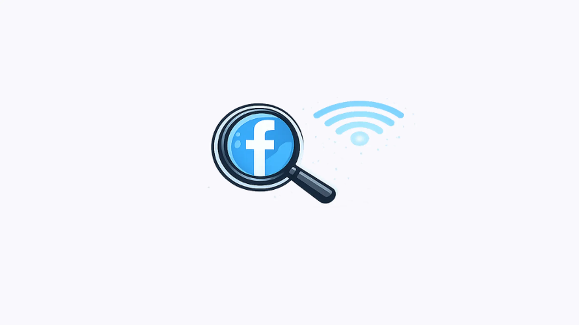 Minimal illustration of the Facebook logo inside a magnifying glass with a Wi-Fi symbol, representing Facebook access and connectivity through proxy servers