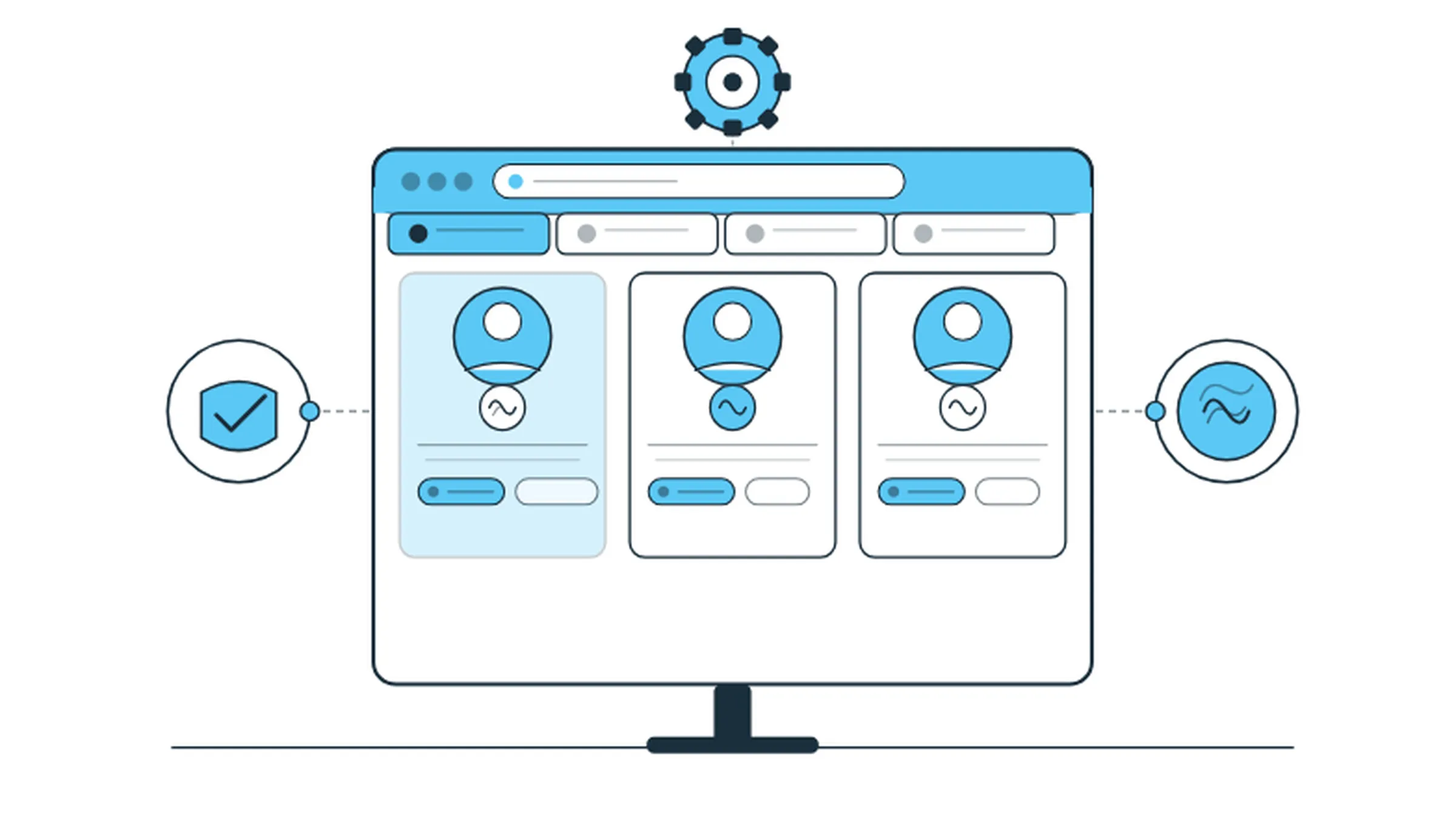 AdsPower browser multi-accounting illustration showing a browser window with multiple isolated profile tabs, fingerprint masking badges, and a security shield, representing effortless multi-account management in 2026