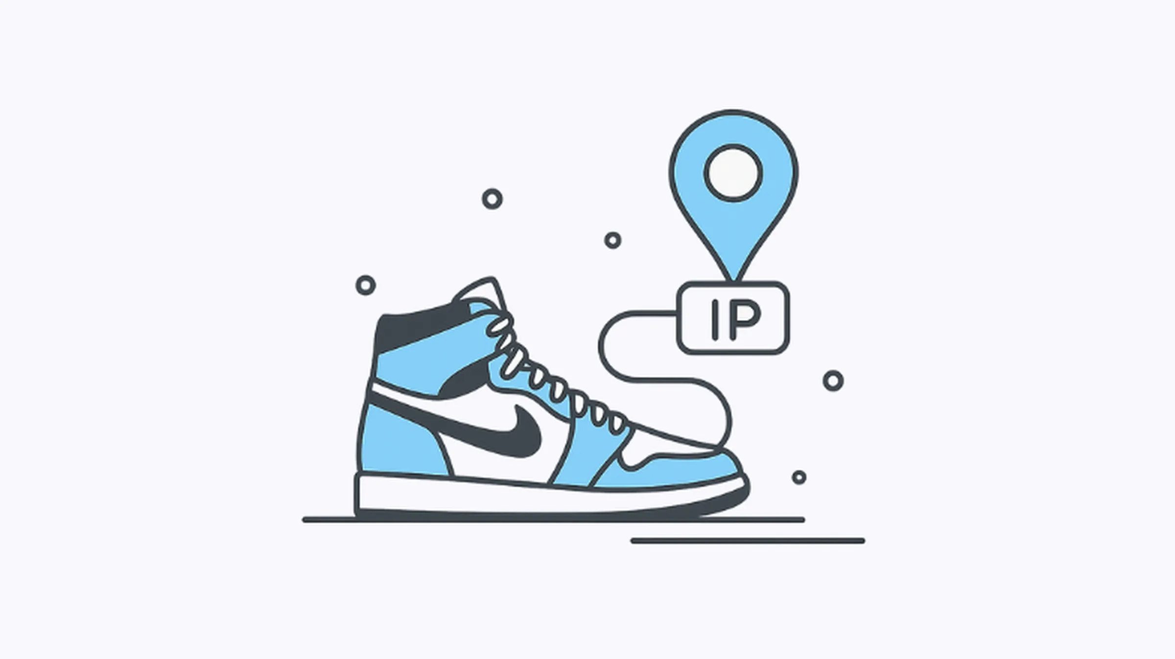 Minimal flat illustration of a sneaker connected to an IP location icon, representing how sneaker proxies work.