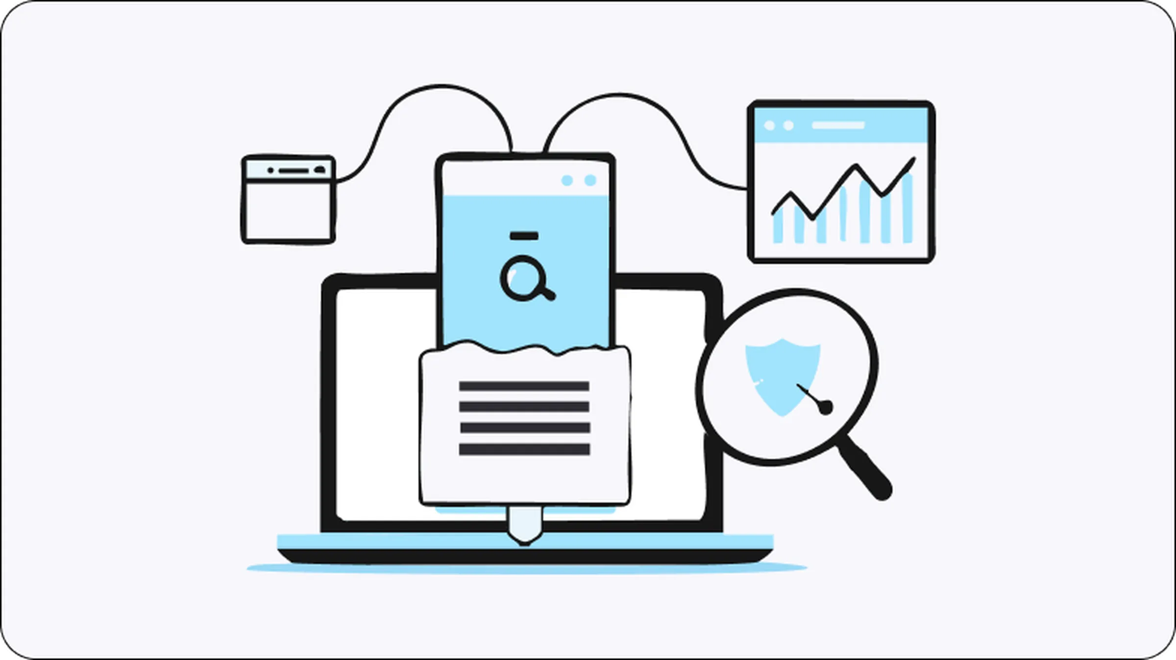 Illustration of a laptop with connected elements like search, analytics, and a security shield, symbolizing the use of proxies for managing Facebook accounts, data scraping, and privacy protection.