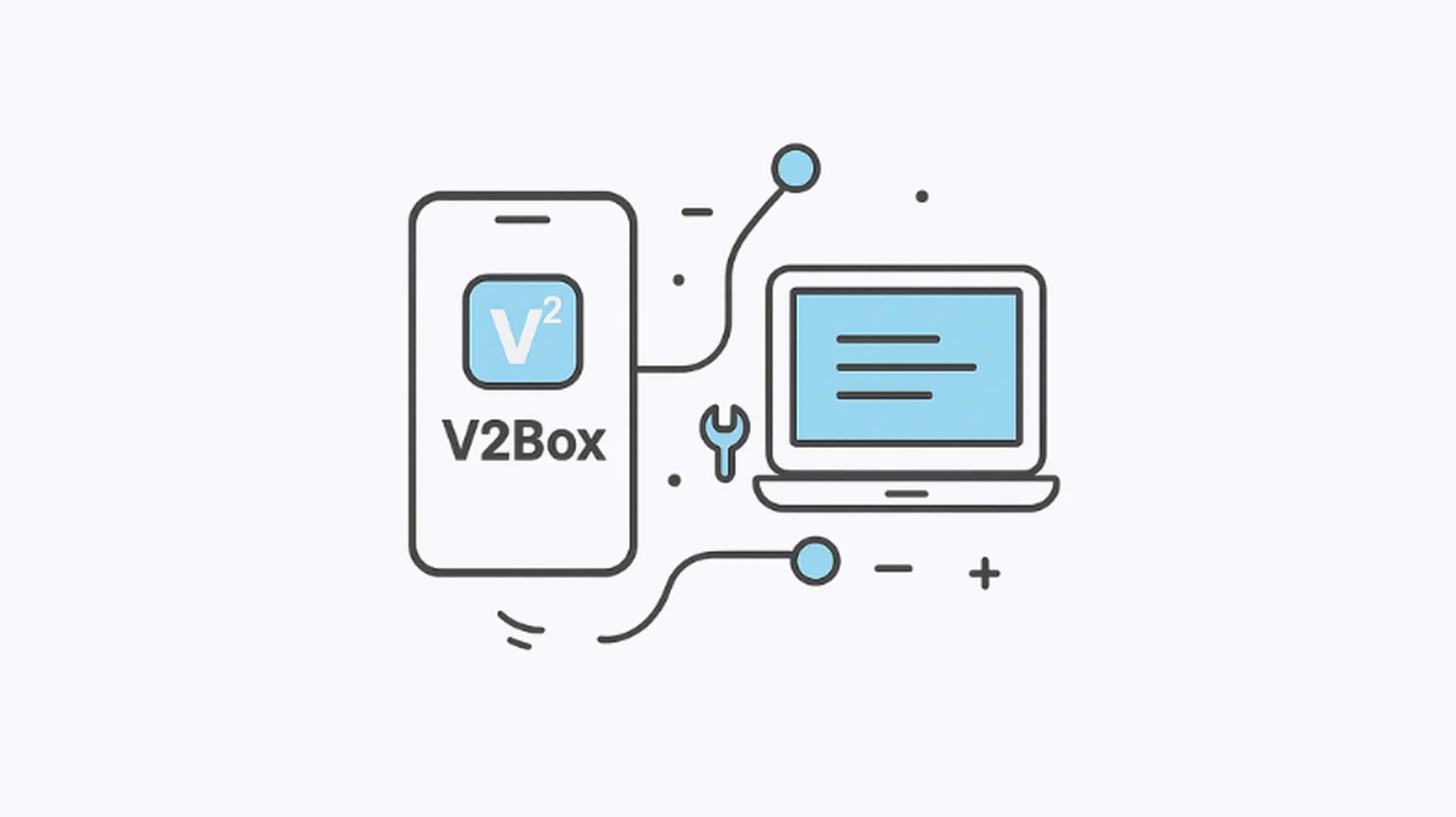 Minimalist illustration showing a smartphone with the V2Box logo next to a laptop, representing how V2Box simplifies mobile and residential proxy management.