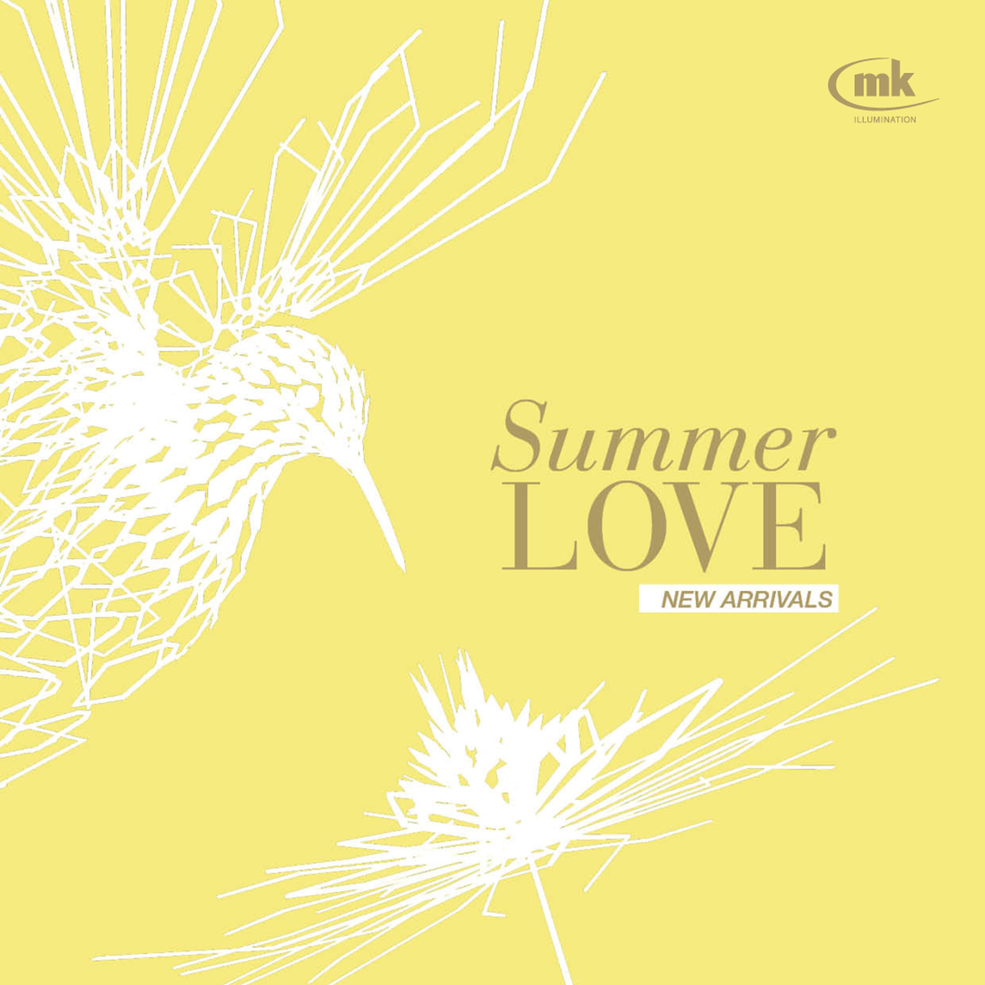Gelbes Design mit weißem Vogelsilhouette und Schriftzug „Summer Love New Arrivals“ von MK Illumination.