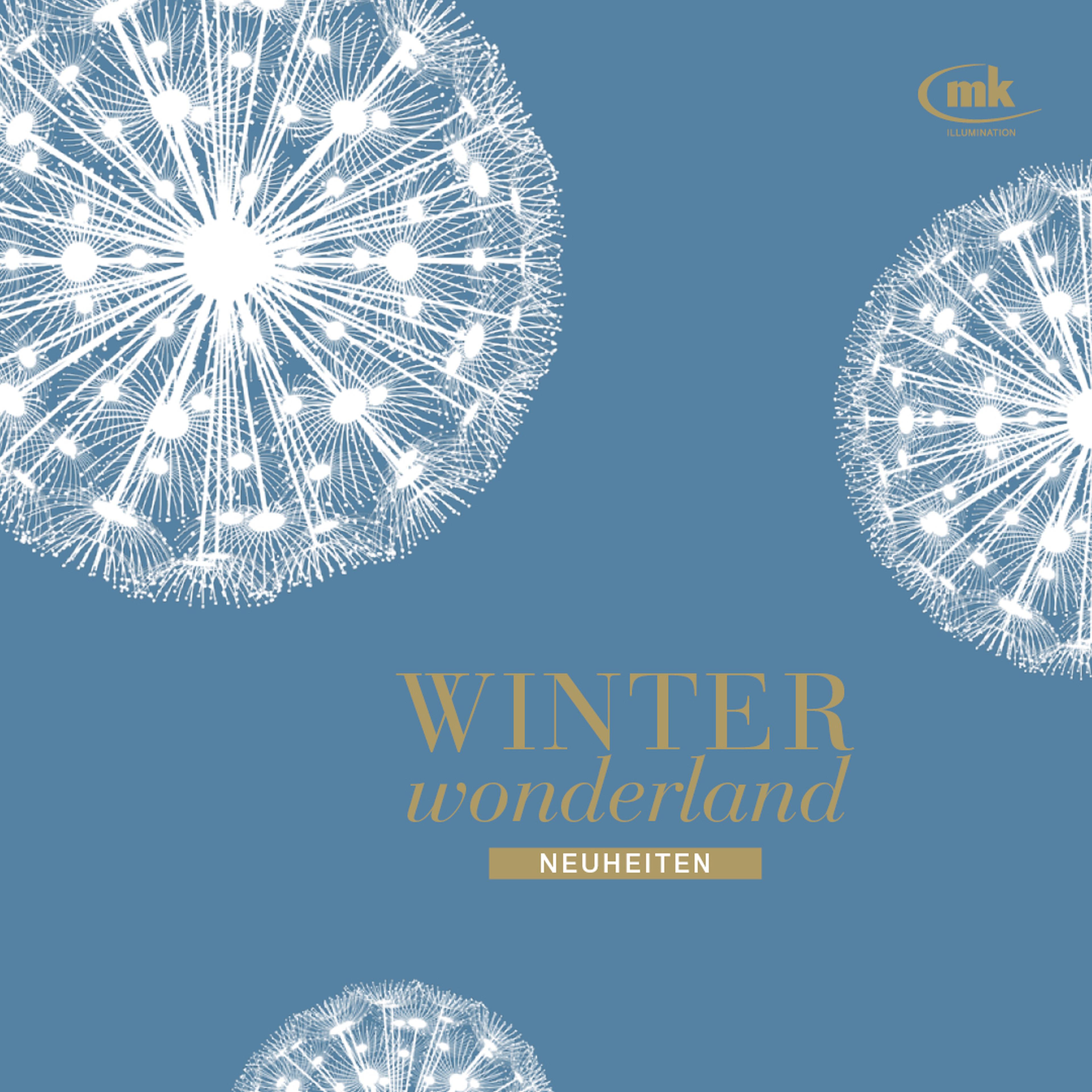 Weiße, leuchtende Kugeln auf blauem Hintergrund mit dem Text "Winter Wonderland Neuheiten".