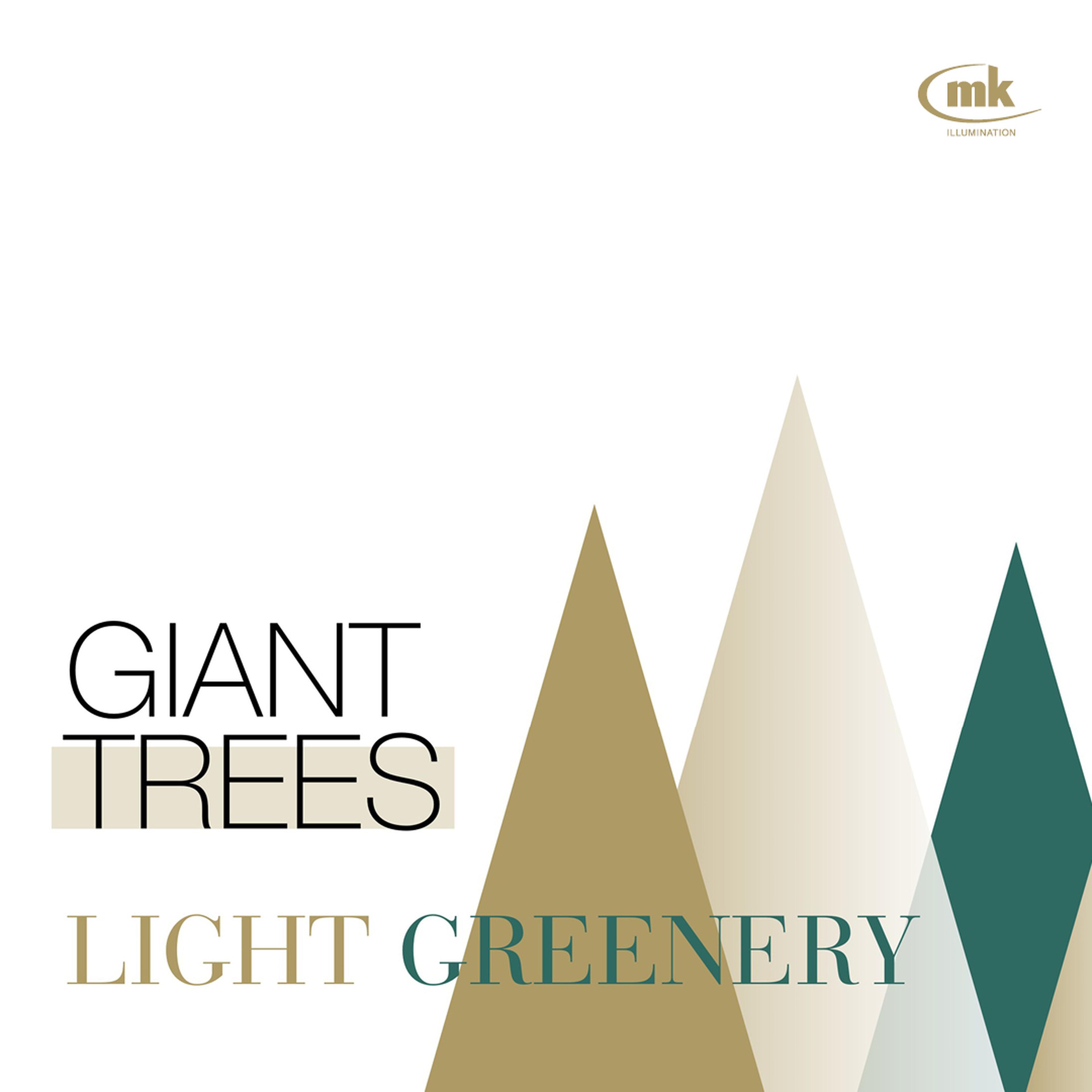 Plakat mit geometrischen Baumformen in Gold und Grün, Text: "Giant Trees Light Greenery", Logo von MK Illumination oben rechts.