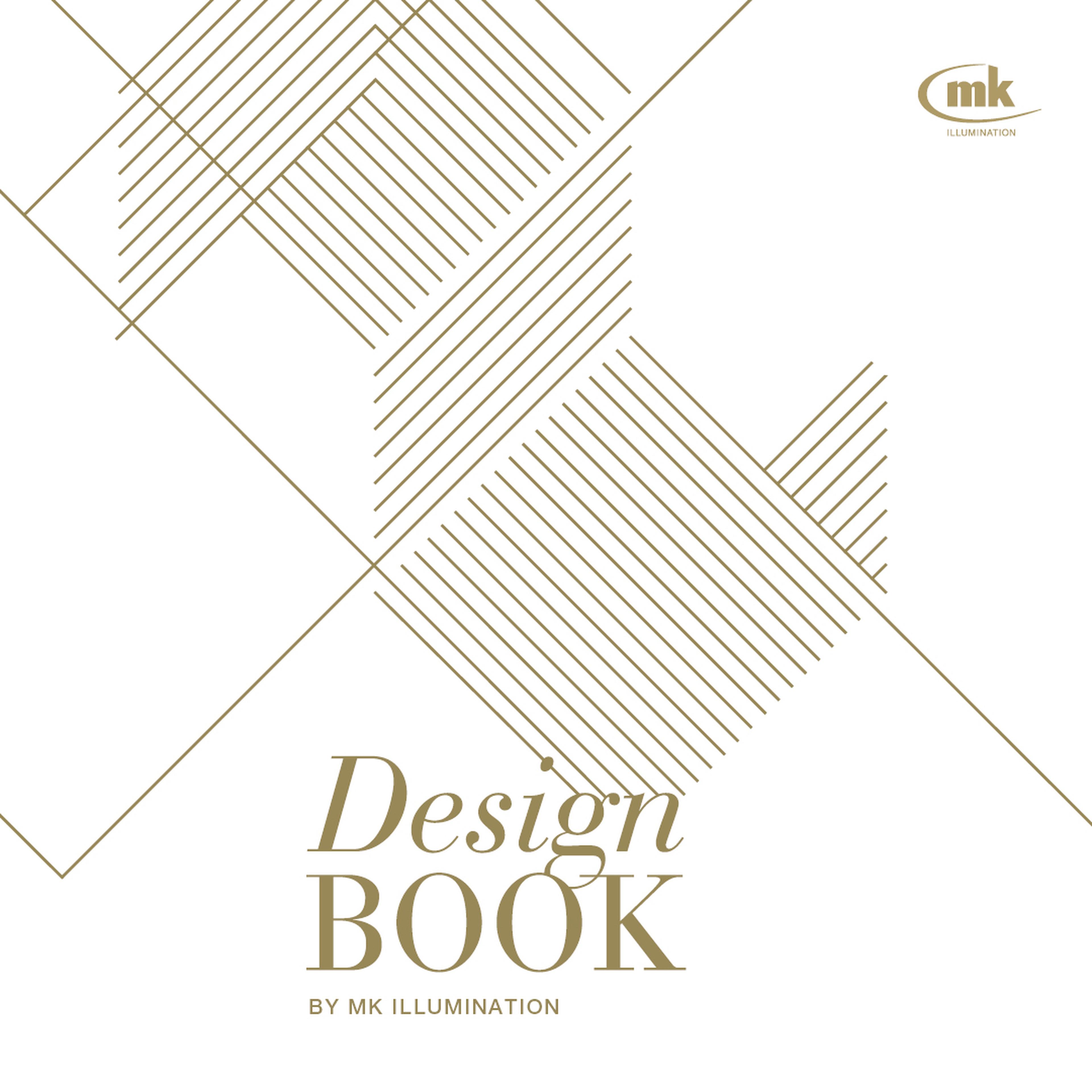 Cover des Designbuchs von MK Illumination mit geometrischen Linienmustern in Gold und Logo in der Ecke oben rechts.