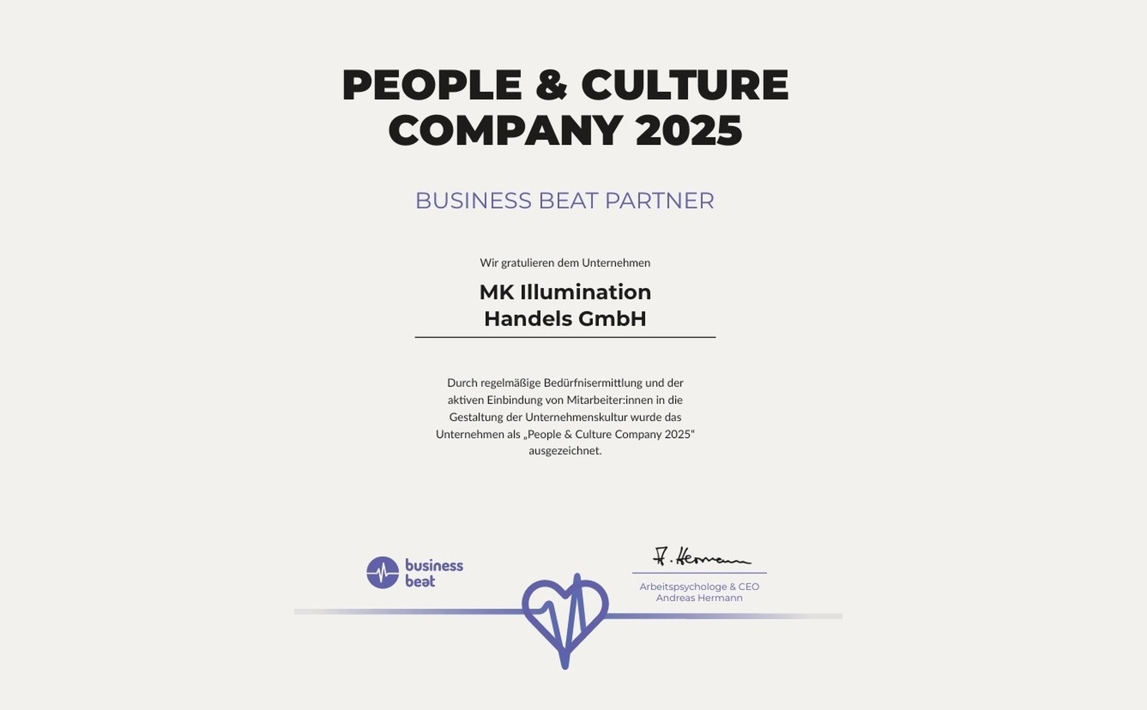 Auszeichnung für MK Illumination Handels GmbH als "People & Culture Company 2025" von Business Beat für vorbildliche Unternehmenskultur.