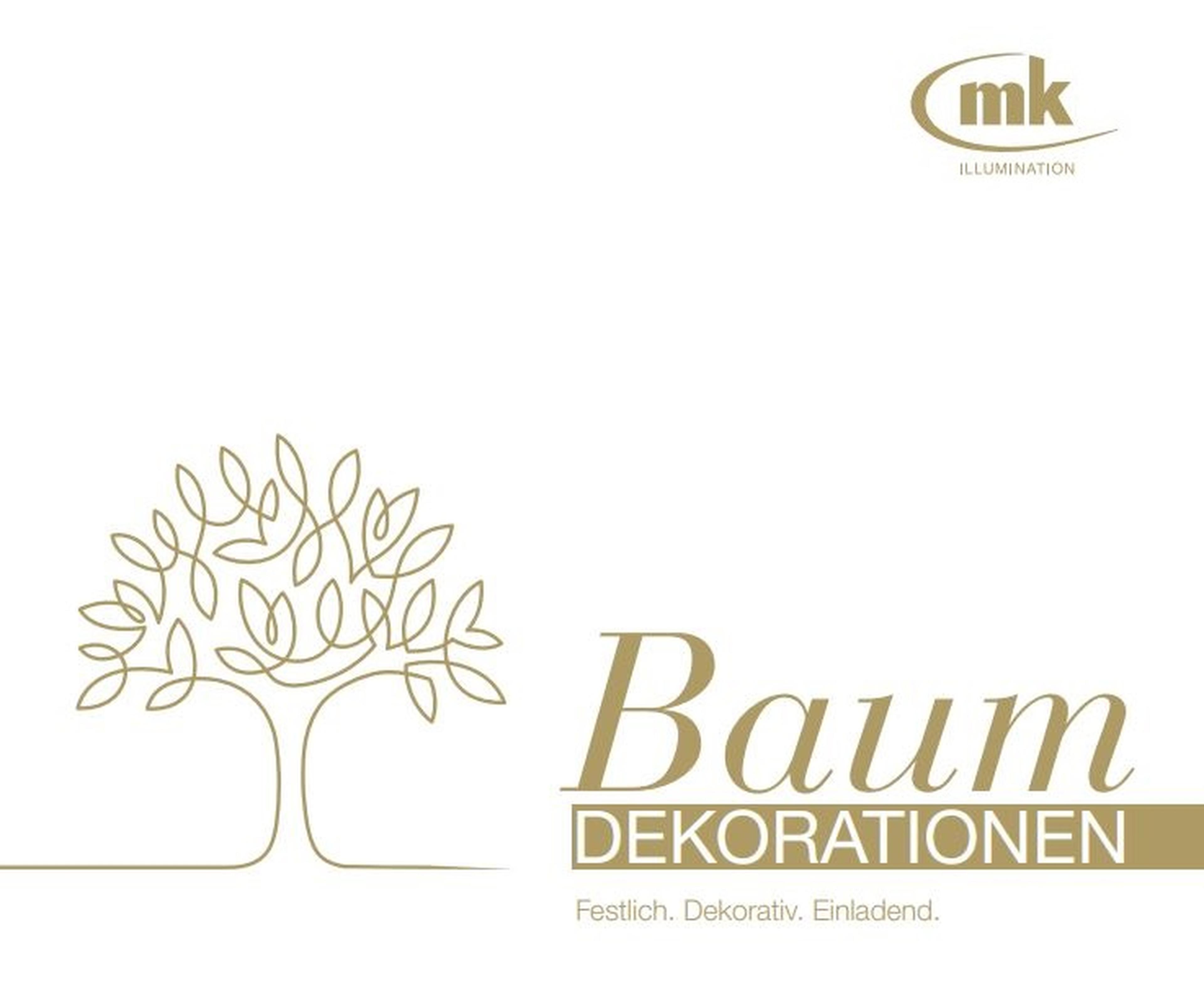 Stilisiertes Baumdesign und Text "Baum Dekorationen. Festlich. Dekorativ. Einladend." mit MK Illumination Logo oben rechts.