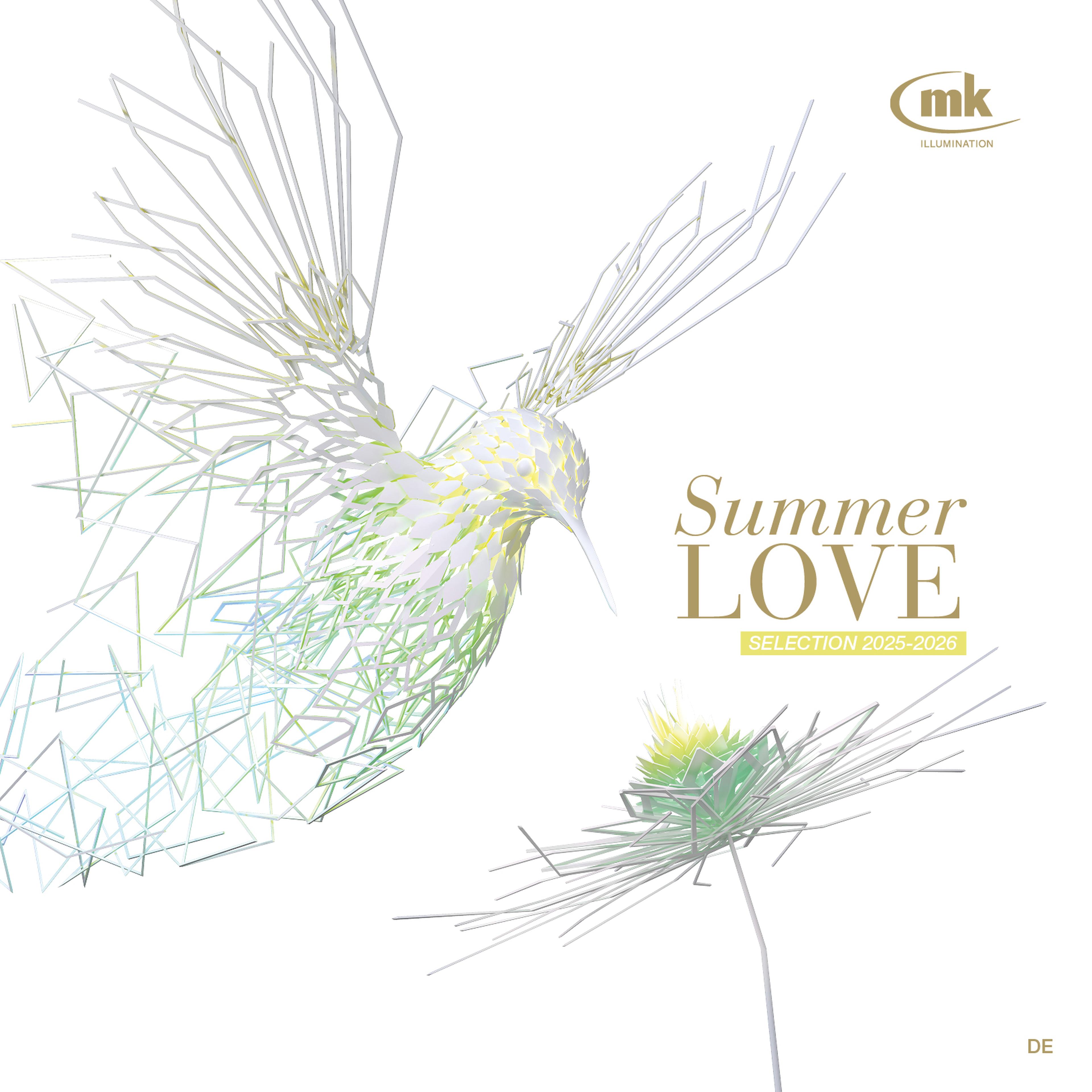 Abstrakter Vogel und Blume aus Draht, Text "Summer LOVE Selection 2025-2026", MK Illumination Logo oben rechts.
