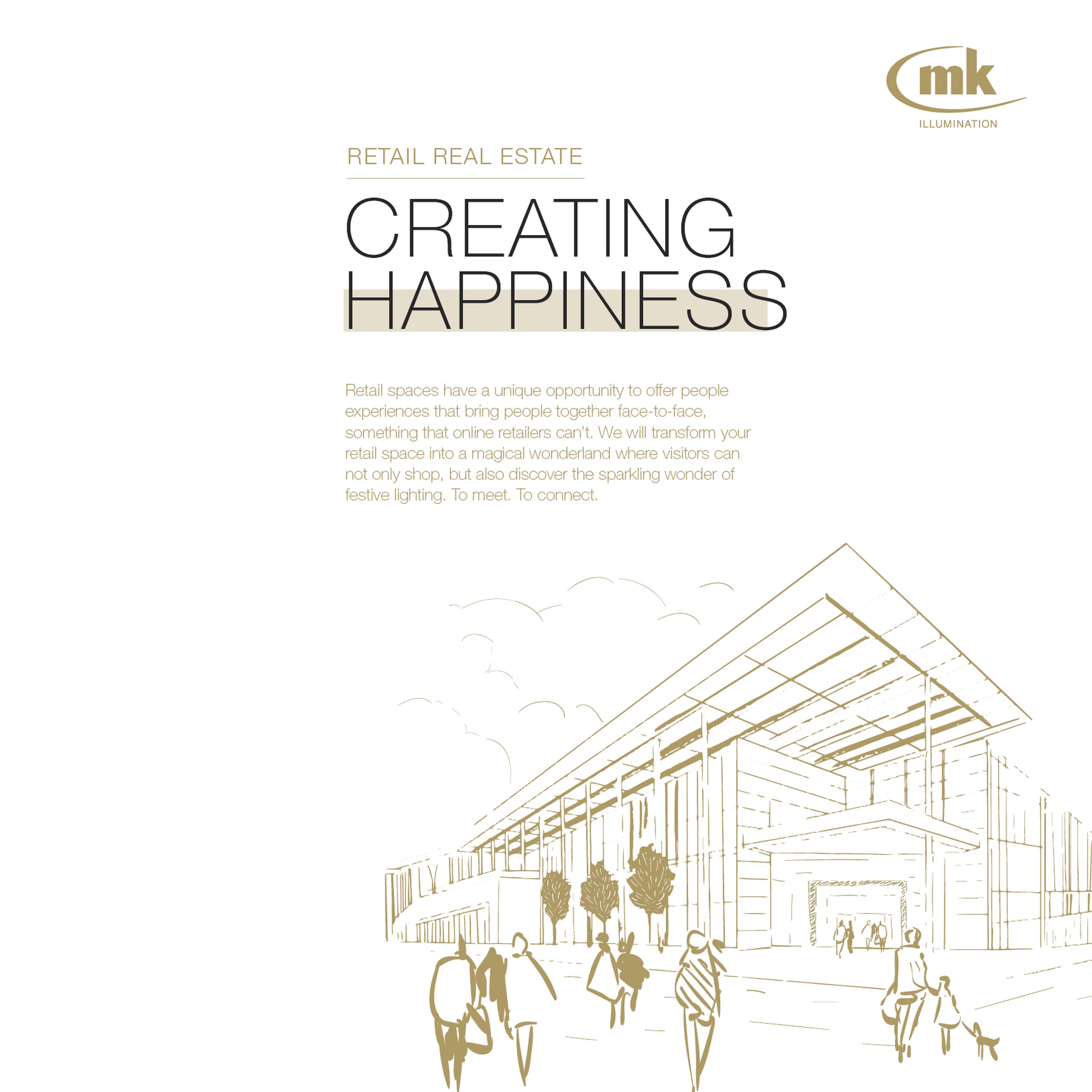 Minimalistisches Design zeigt eine Architekturskizze eines Einkaufszentrums mit Passanten, begleitet von dem Slogan "Creating Happiness".