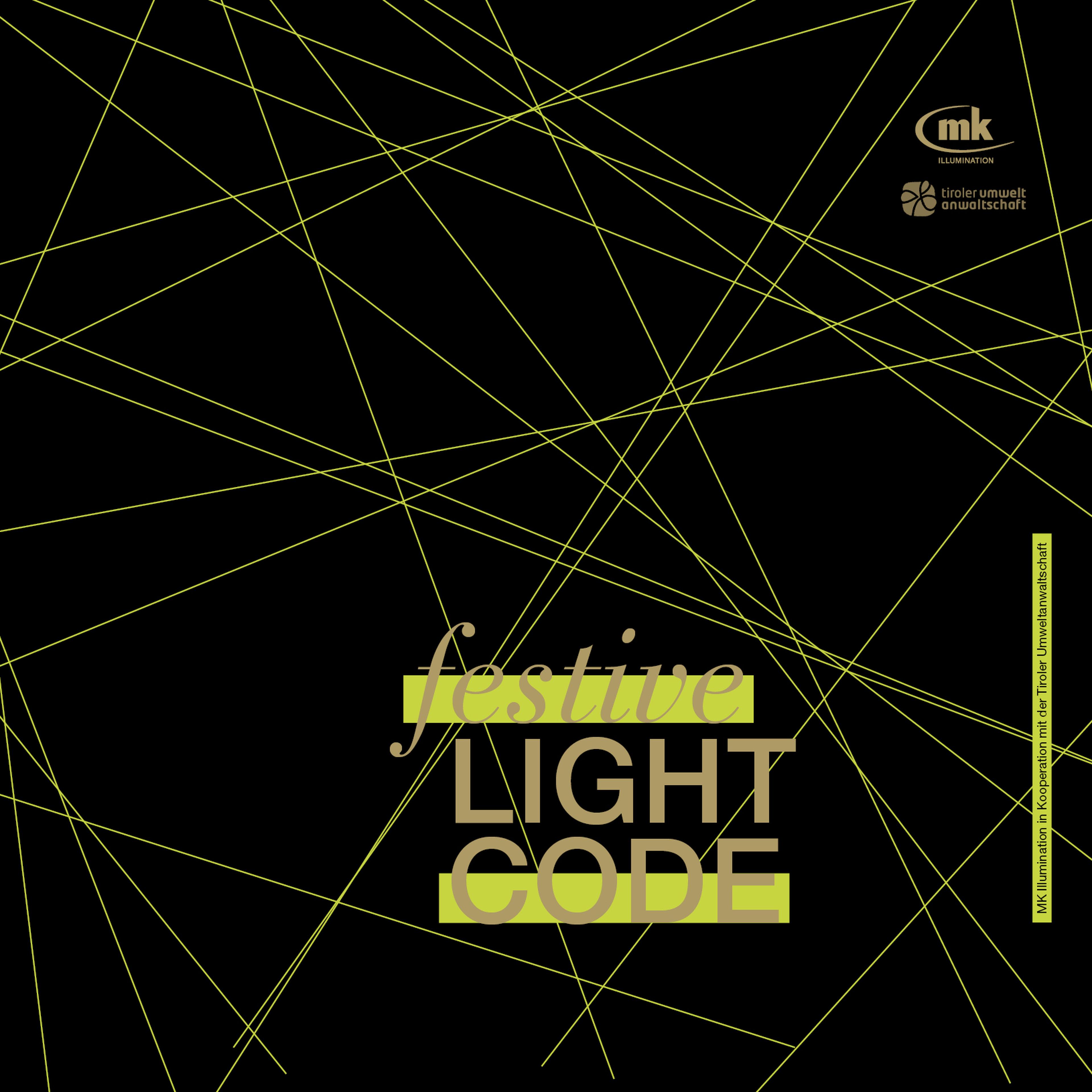 Schwarzer Hintergrund mit gelben Linien, Text "Festive Light Code" in der Mitte, MK Illumination- und Umweltlogo oben rechts.