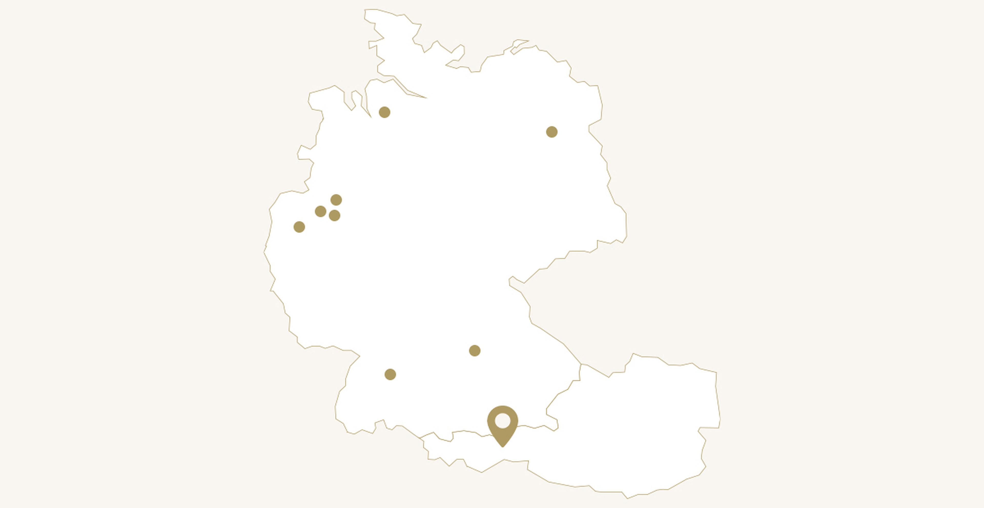 Karte mit markierten Standorten in Deutschland und Österreich, hervorgehobener Standort in Südösterreich.