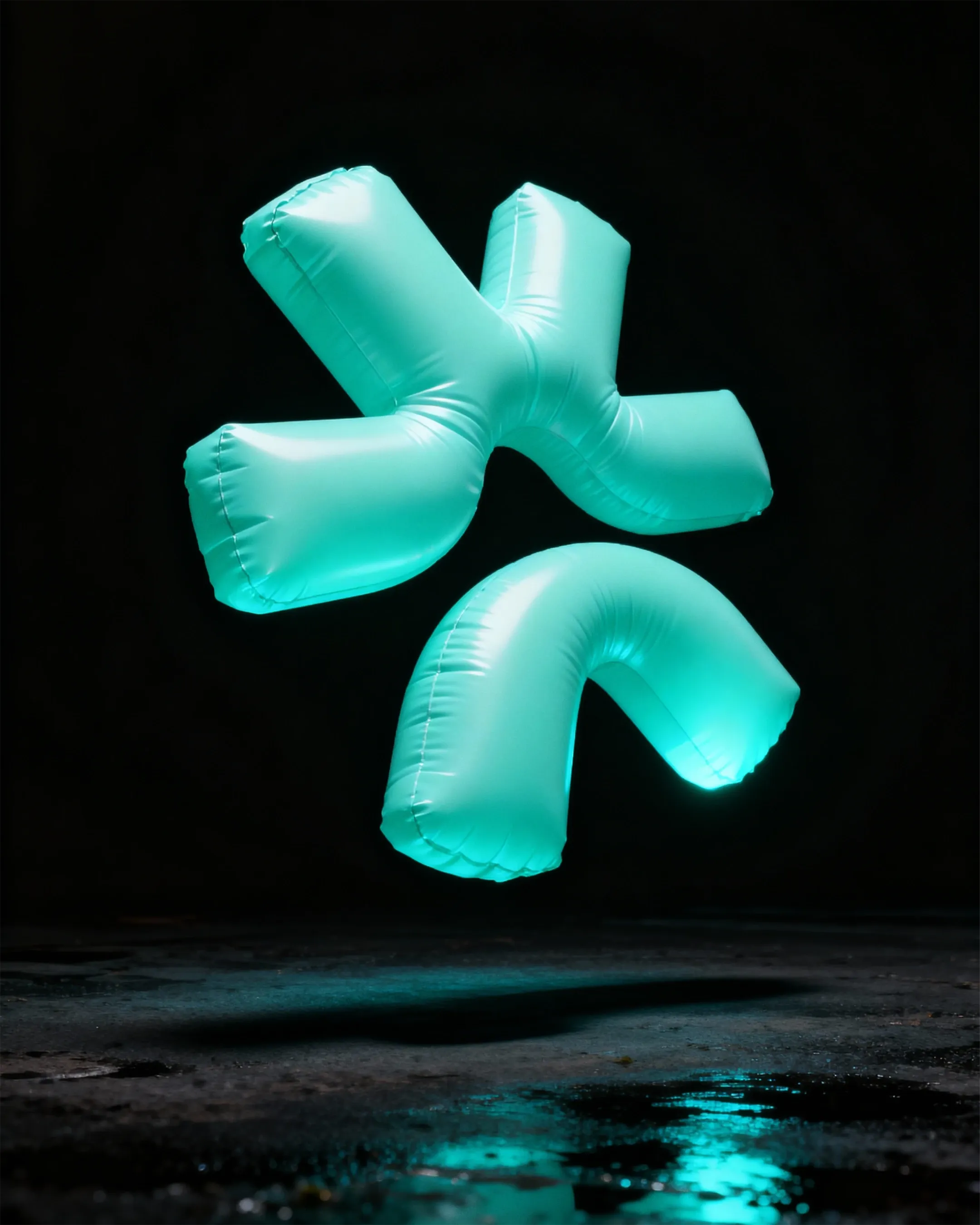 Leuchtende türkise 3D-Form mit vier gebogenen Rohren auf dunklem Untergrund, modernes digitales Design.
