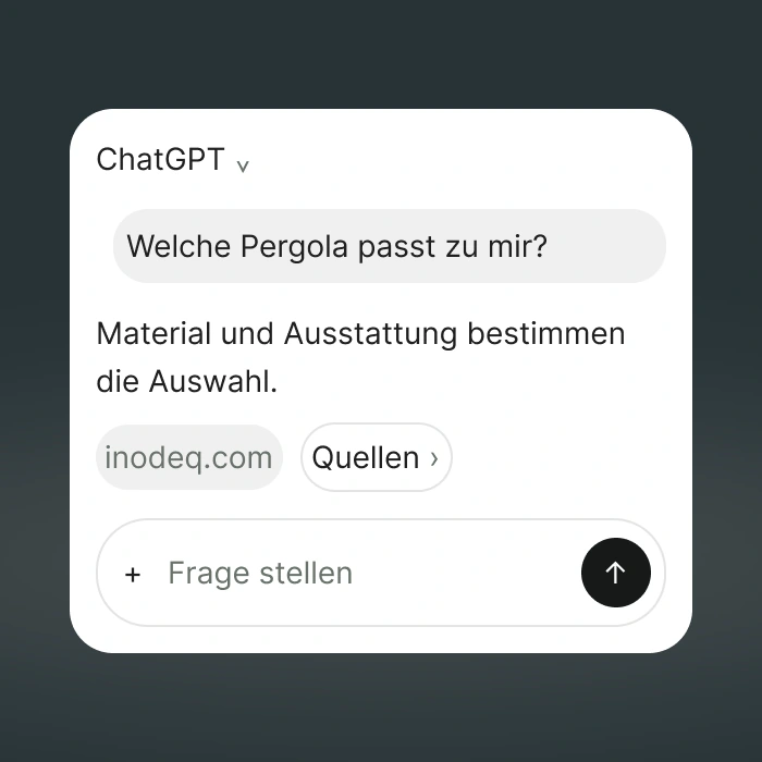 Chat-Oberfläche mit einer Pergola-Frage, einer Antwort und dem Zugang zu Quellen.