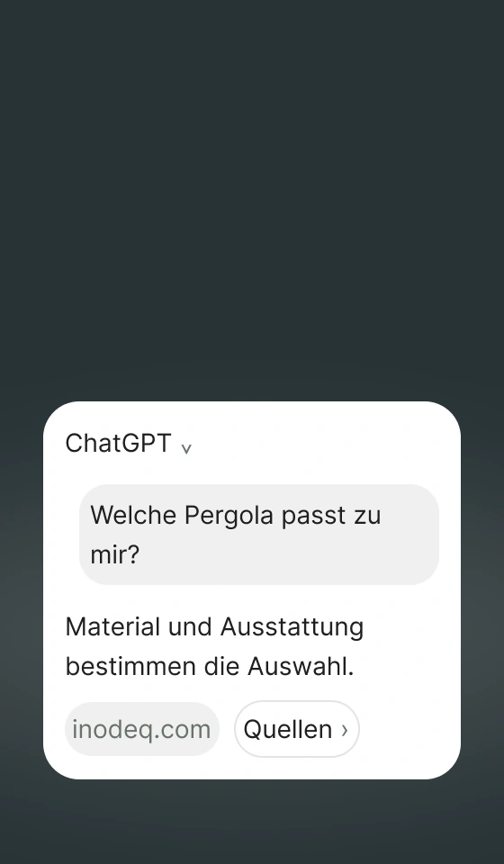 Chat-Oberfläche mit einer Pergola-Frage, einer Antwort und dem Zugang zu Quellen.