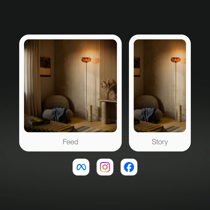 Produktmotiv einer Leuchte in Feed- und Story-Platzierungen mit zugehörigen Social-Plattformen.