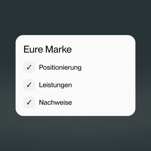 Markenprofil mit den Feldern Positionierung, Leistungen und Nachweise.