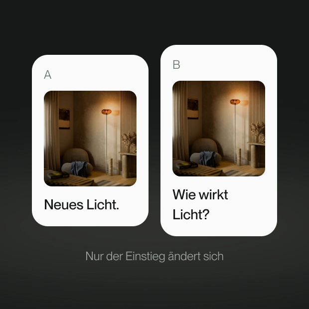 Zwei Anzeigenvarianten mit gleichem Produktmotiv und unterschiedlichen Einstiegen.