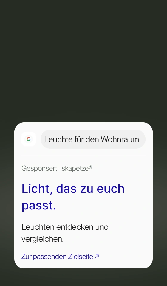 Google-Suchfeld und gesponserte Leuchtenanzeige mit Titel und Zielseitenhinweis.