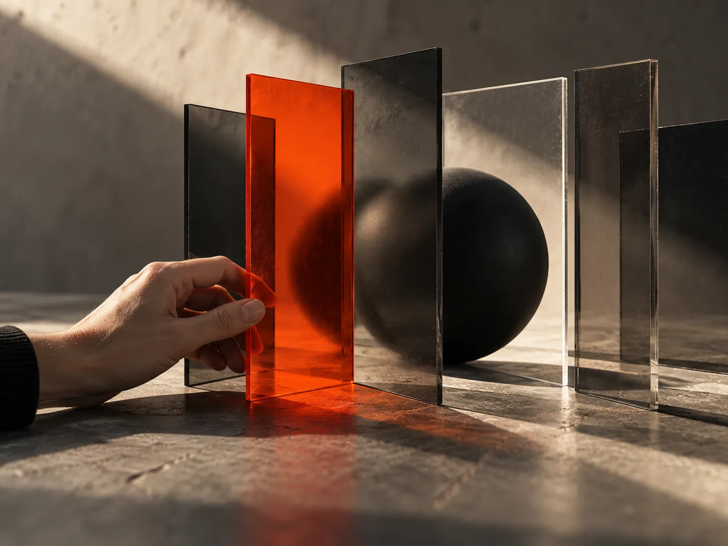 A hand moves an orange glass panel in front of a black sphere between clear and dark panels.