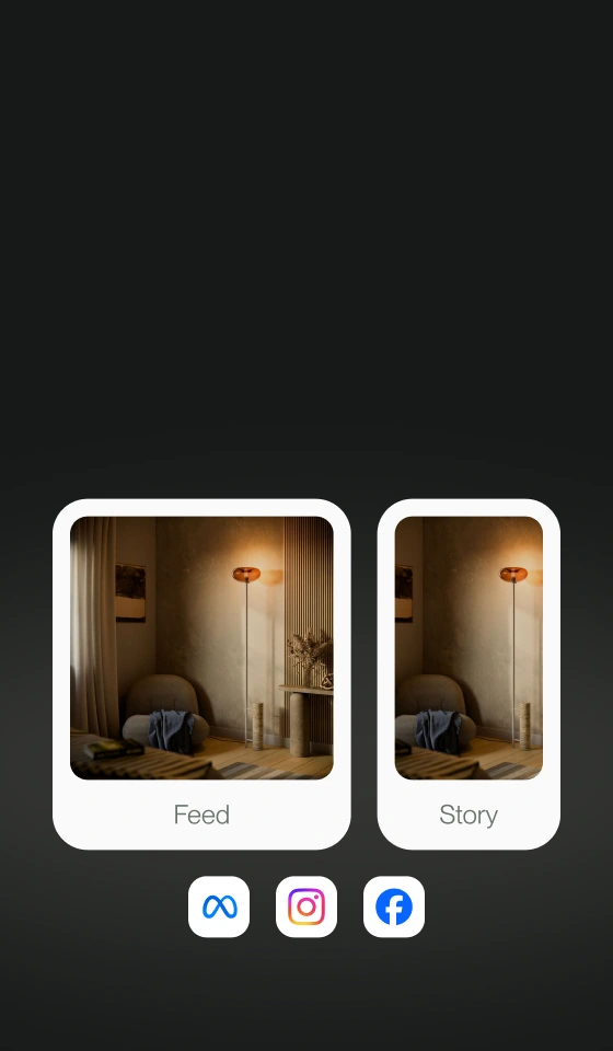 Produktmotiv einer Leuchte in Feed- und Story-Platzierungen mit zugehörigen Social-Plattformen.