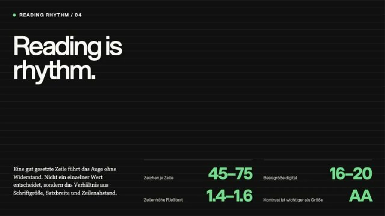 Infografik zu Satzbreite, Zeilenhöhe, Schriftgröße und Kontrast für gut lesbaren Fließtext.