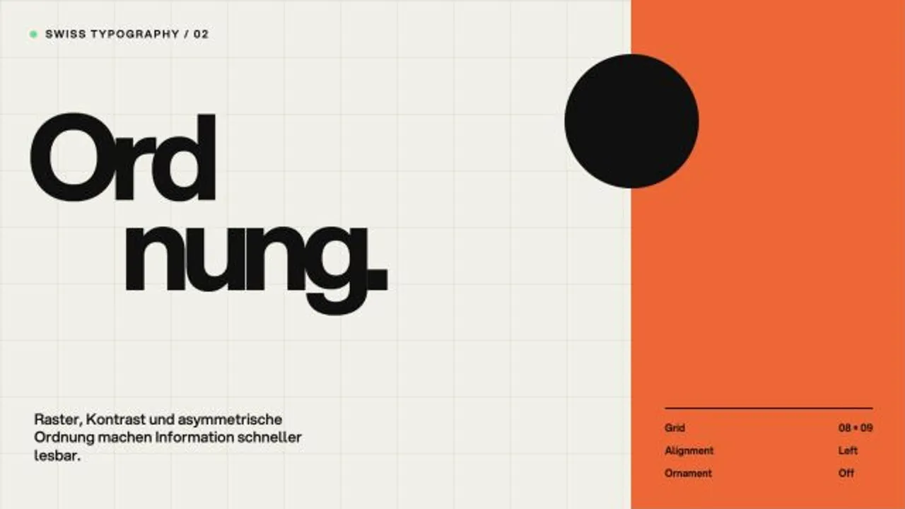 Typografisches Poster im Swiss Style mit Raster, asymmetrischer Ordnung und starkem Kontrast.