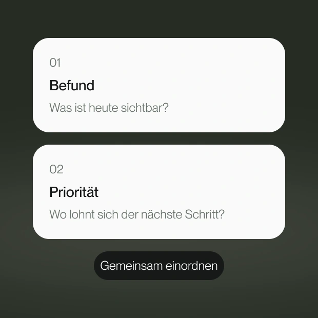 Zwei Karten verbinden einen sichtbaren Befund mit der nächsten Priorität.