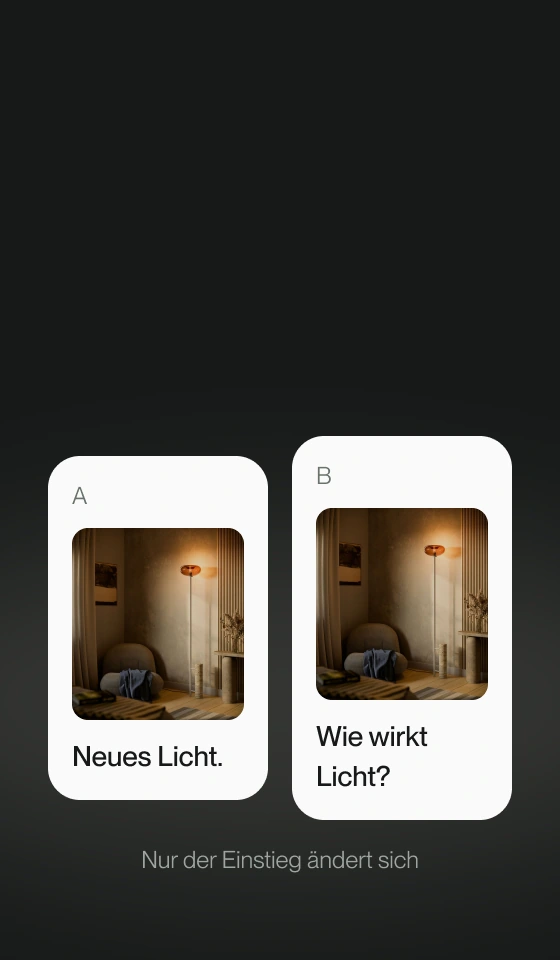 Zwei Anzeigenvarianten mit gleichem Produktmotiv und unterschiedlichen Einstiegen.