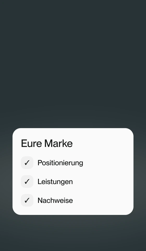 Markenprofil mit den Feldern Positionierung, Leistungen und Nachweise.