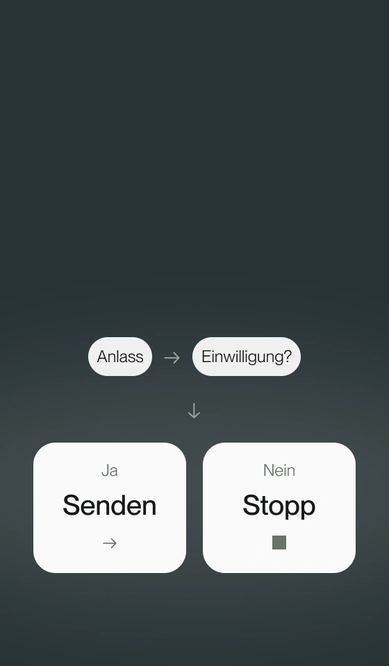 E-Mail-Ablauf mit Anlass, Einwilligungsprüfung und getrennten Senden- und Stoppzweigen.