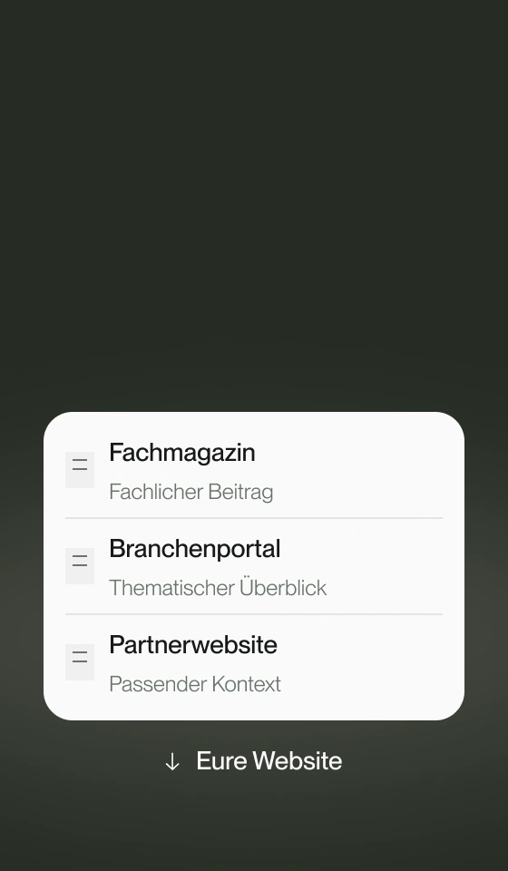 Fachmagazin, Branchenportal und Partnerwebsite als externe Quellen mit Verweis zur eigenen Website.