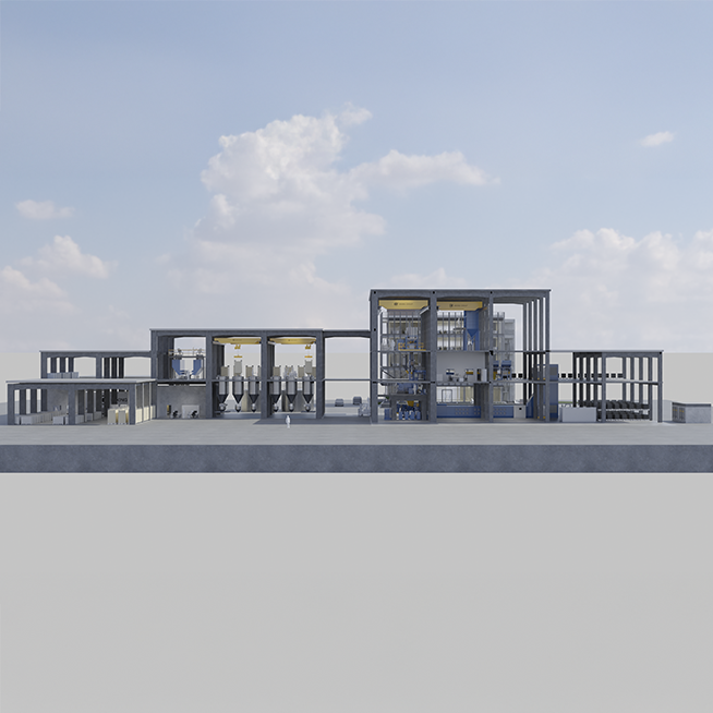 Side view of mixing room with large process areas, silos and numbered modules.