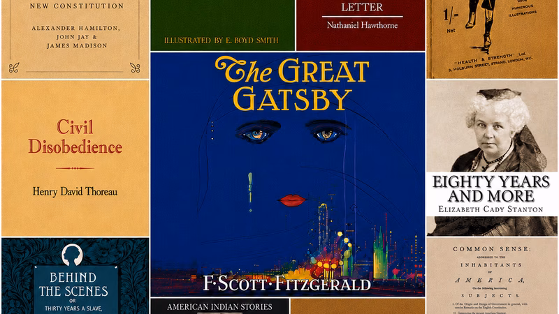 Compilation of book covers from Paper2Audio's July summer reads (The Great Gatsby, Federalist Papers, Franklin's Autobiography, Scarlet Letter, Association Football, Eighty Years and More, Common Sense, O Pioneers, American Indian Stories, Behind the Scenes (or 30 Years a Slave), and Civil Disobedience)