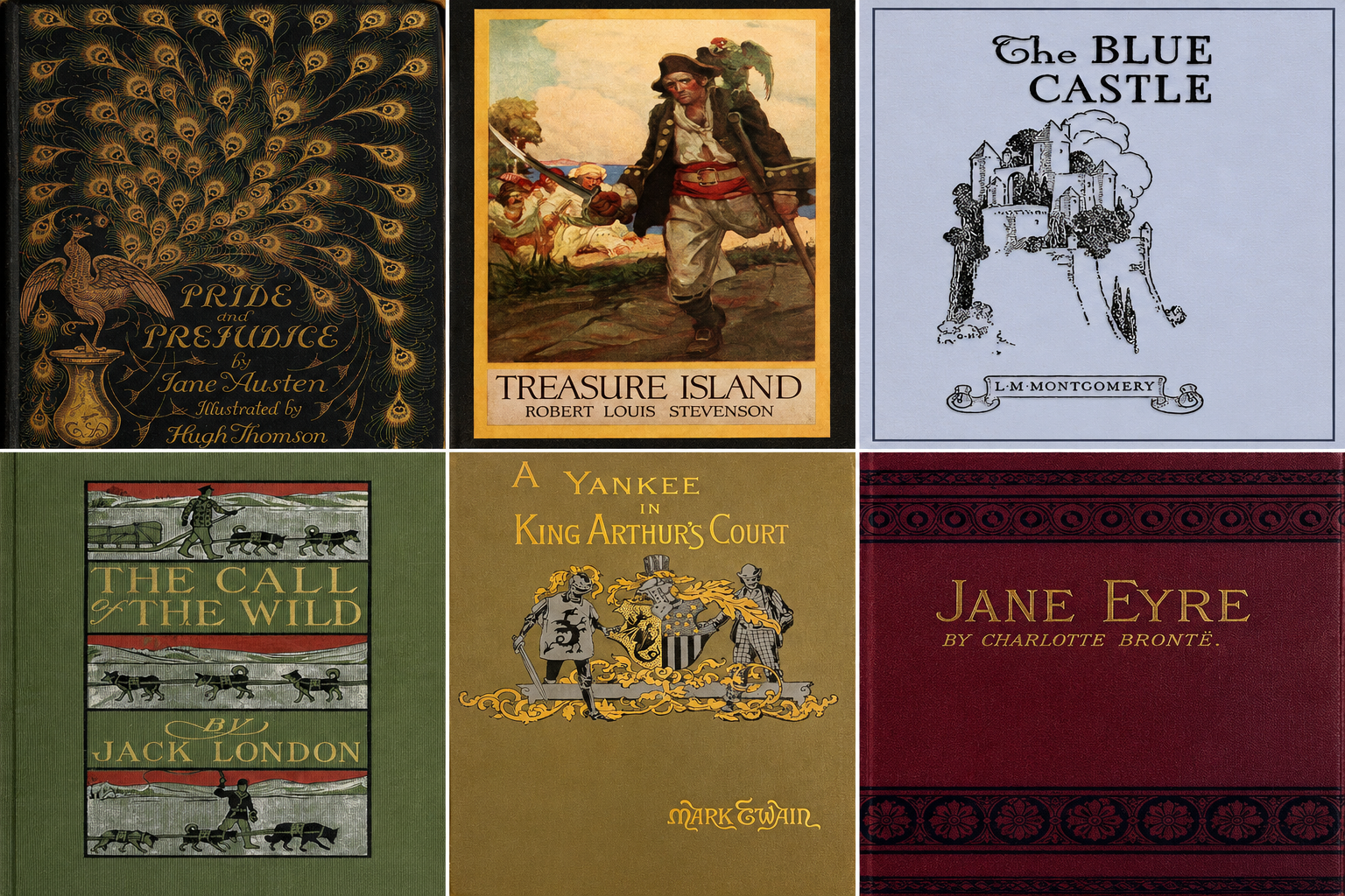 Compilation of images from 6 book covers (Pride and Prejudice, Treasure Island, The Blue Castle, The Call of the Wild, A Connecticut Yankee in King Arthur's Court, and Jane Eyre)