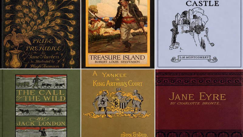 Compilation of images from 6 book covers (Pride and Prejudice, Treasure Island, The Blue Castle, The Call of the Wild, A Connecticut Yankee in King Arthur's Court, and Jane Eyre)