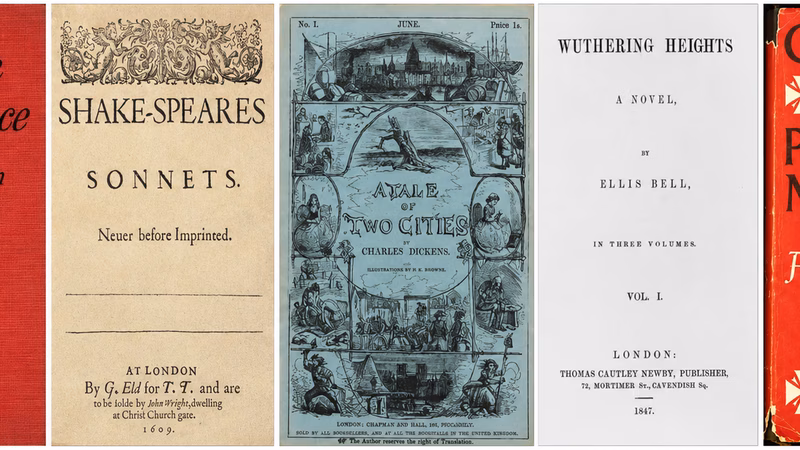 Covers of 5 classic books (The Age of Innocence, Shakespeare's Sonnets, A Tale of Two Cities, Wuthering Heights, and Crime and Punishment)