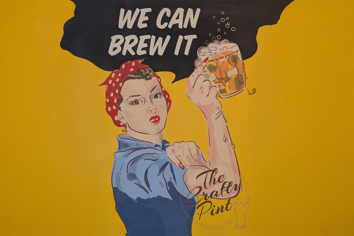 An illustration portrait of Mel, the owner of The Crafty Pint, holding a pint glass, with text in a speech bubble saying "We can brew it".