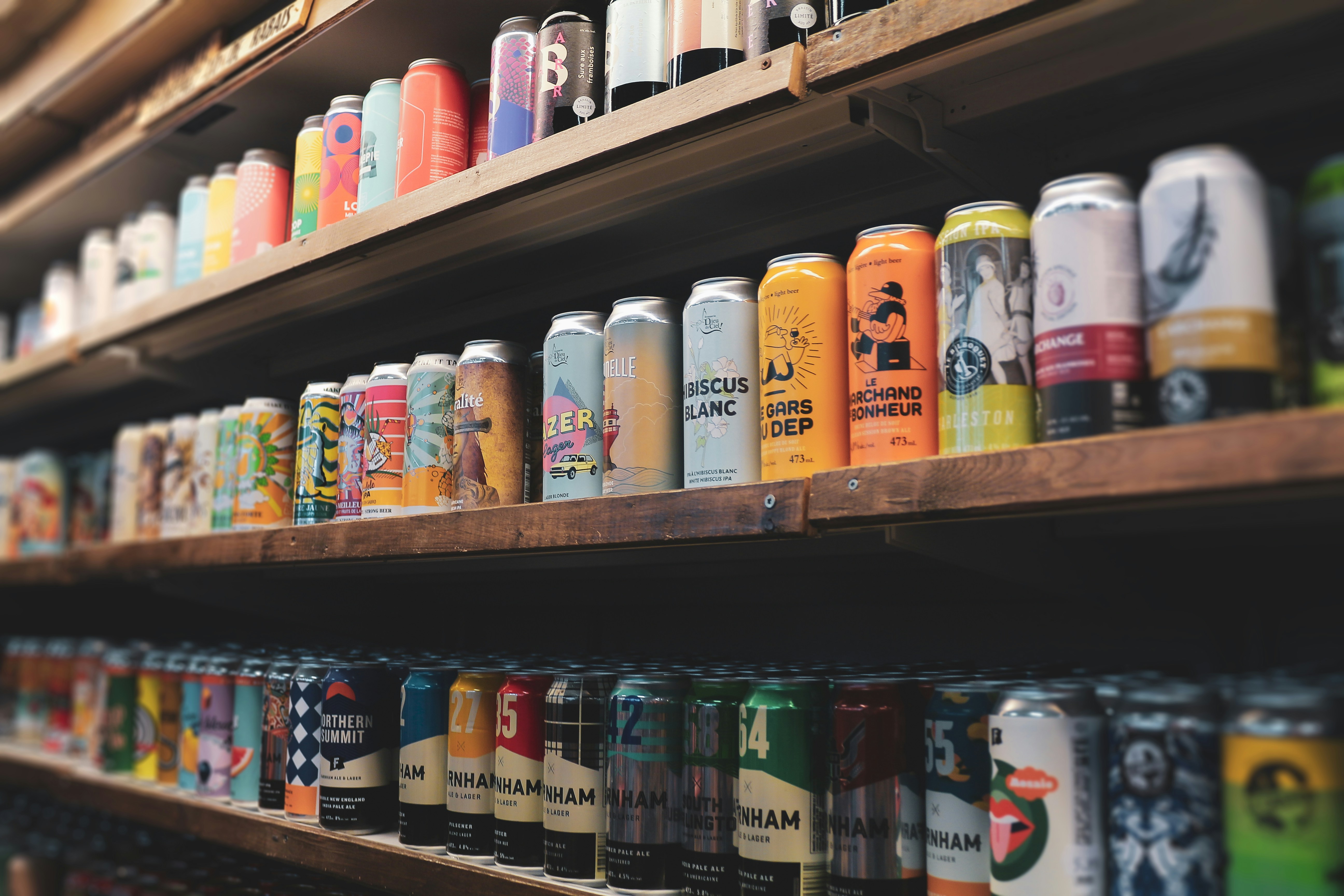 Cans of beer on shelf